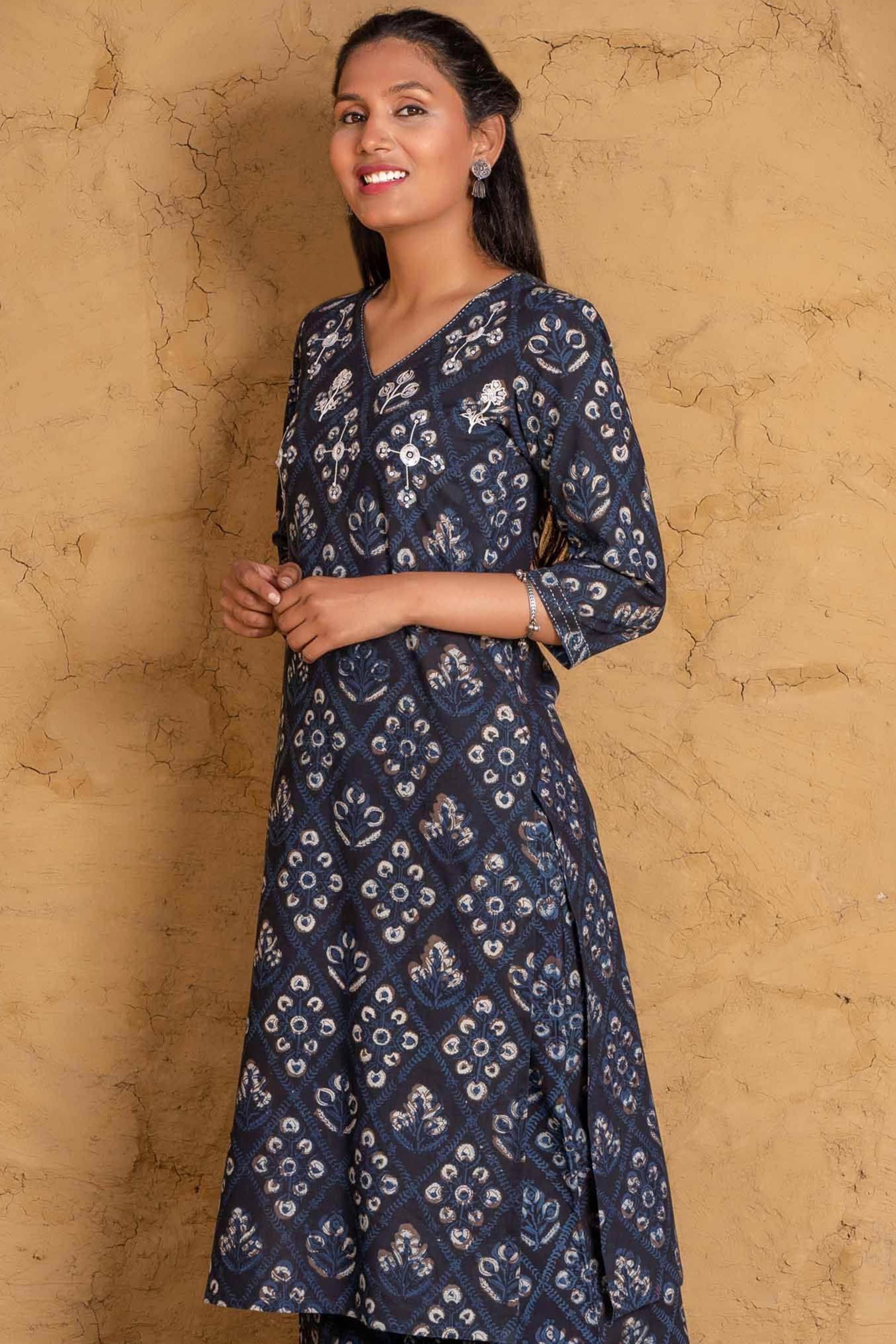 Ajrakh Embroidered Block Printed Kurta