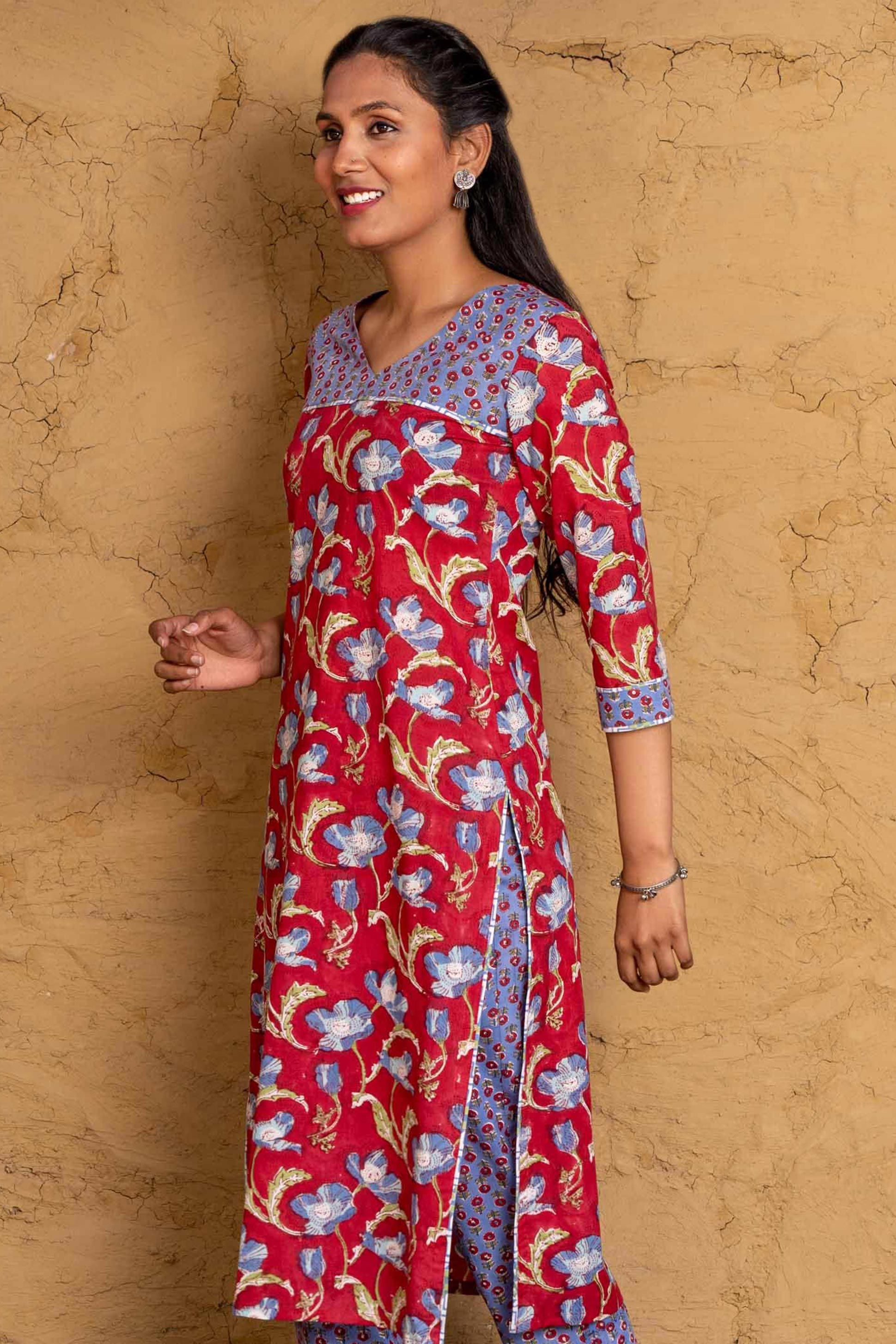 Red Blue Block Printed Kurta 