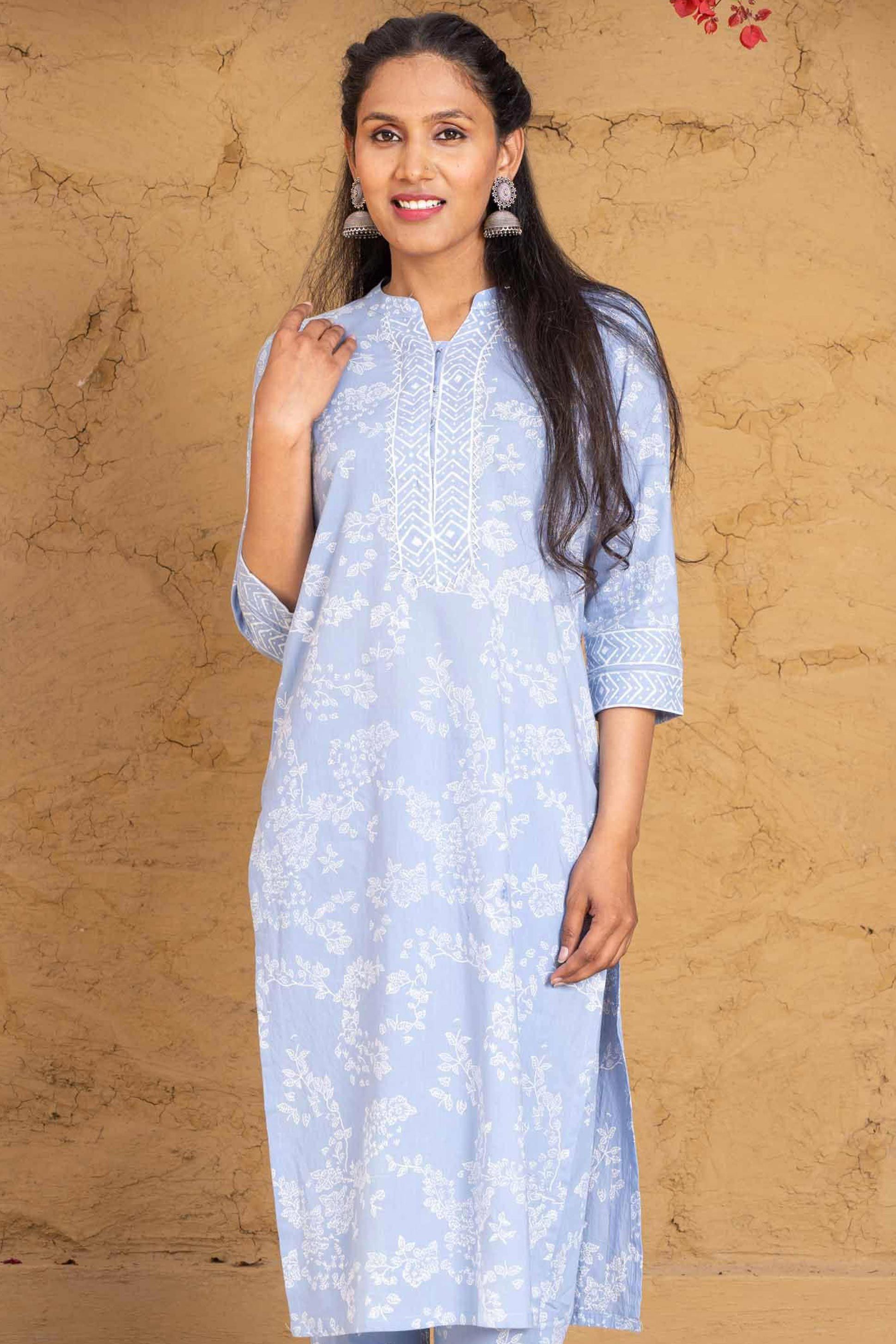 Ice Blue Block Printed Kurta 