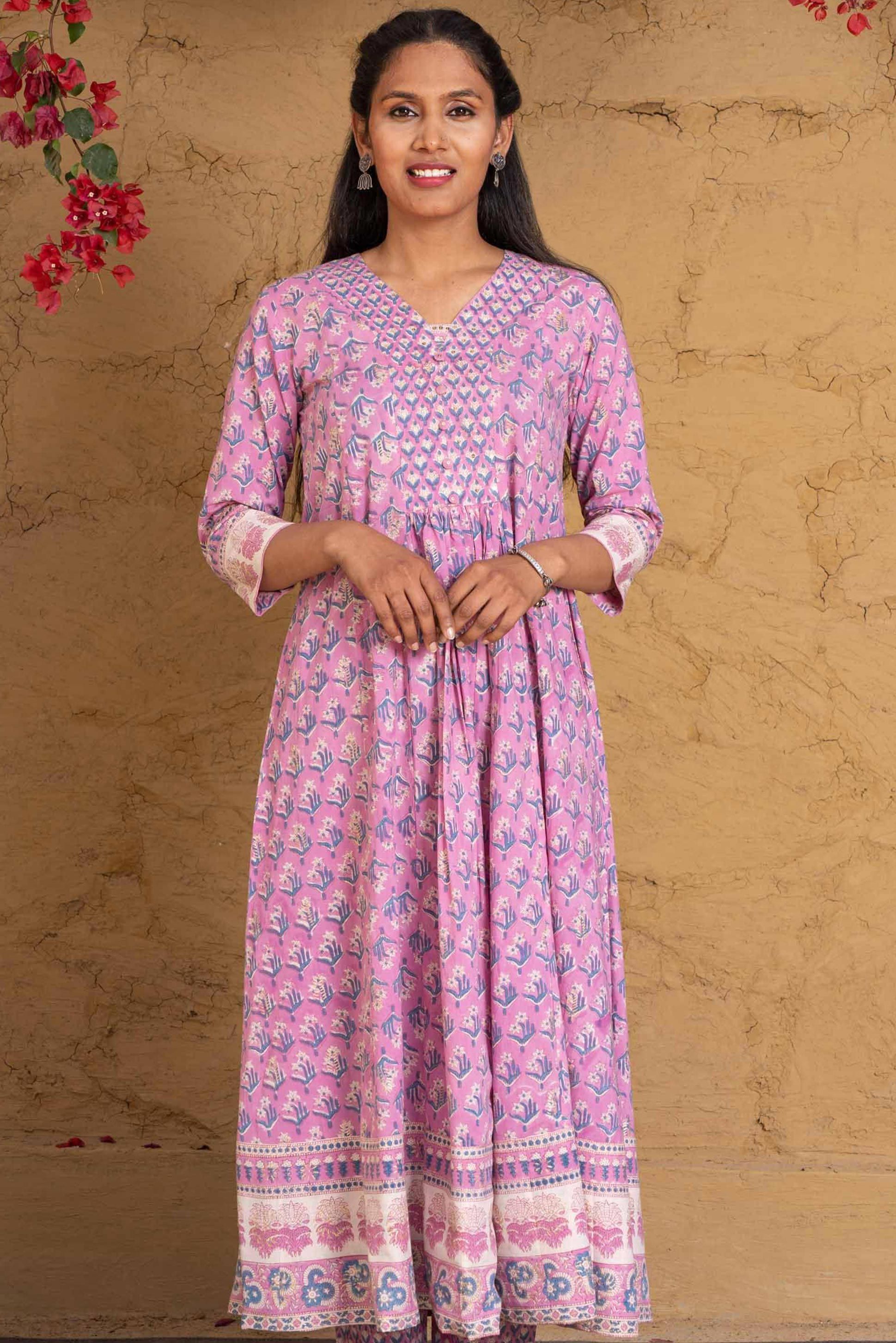 Violet Block Printed Cotton Kurta 