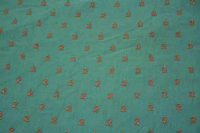 Biscay Green Golden Work Indian Chanderi Silk Fabric