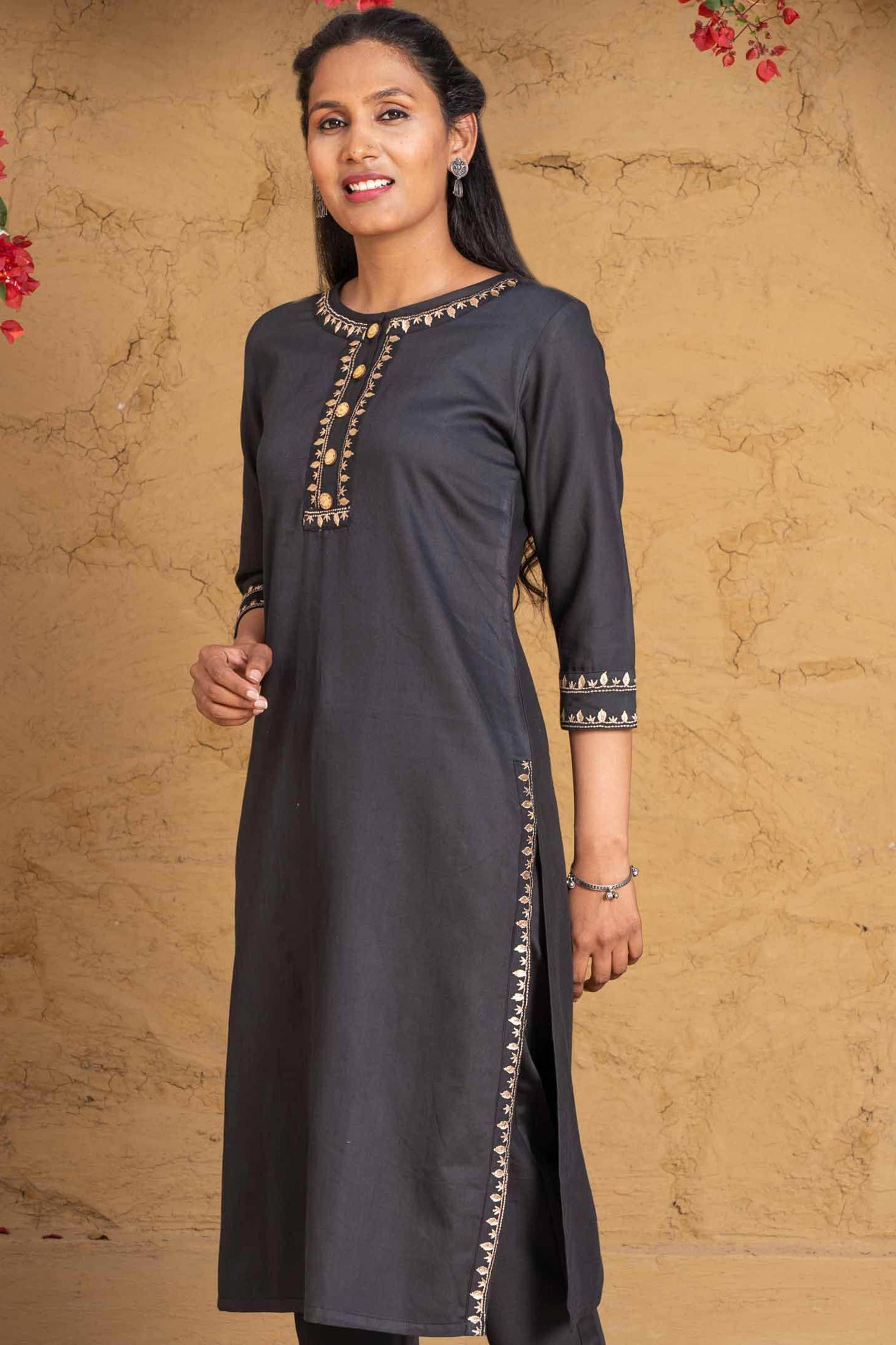 Golden Black Embroidered Kurta 