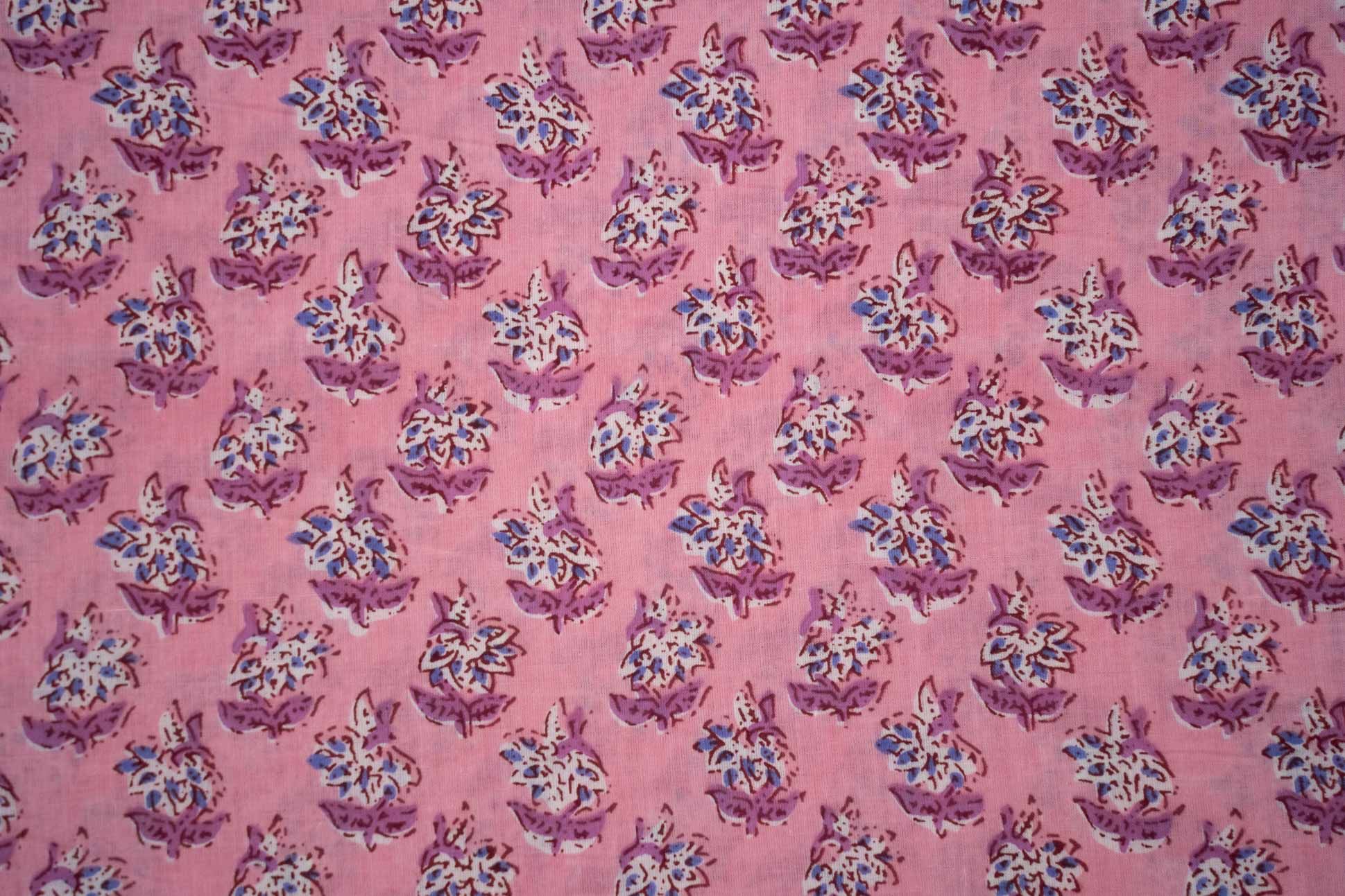 Pink Floral Block Print Cotton Fabric