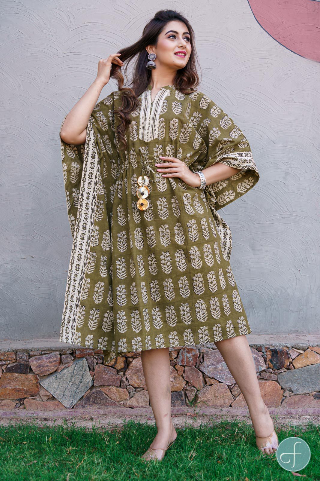 Herbal Green Block Print Kaftan 