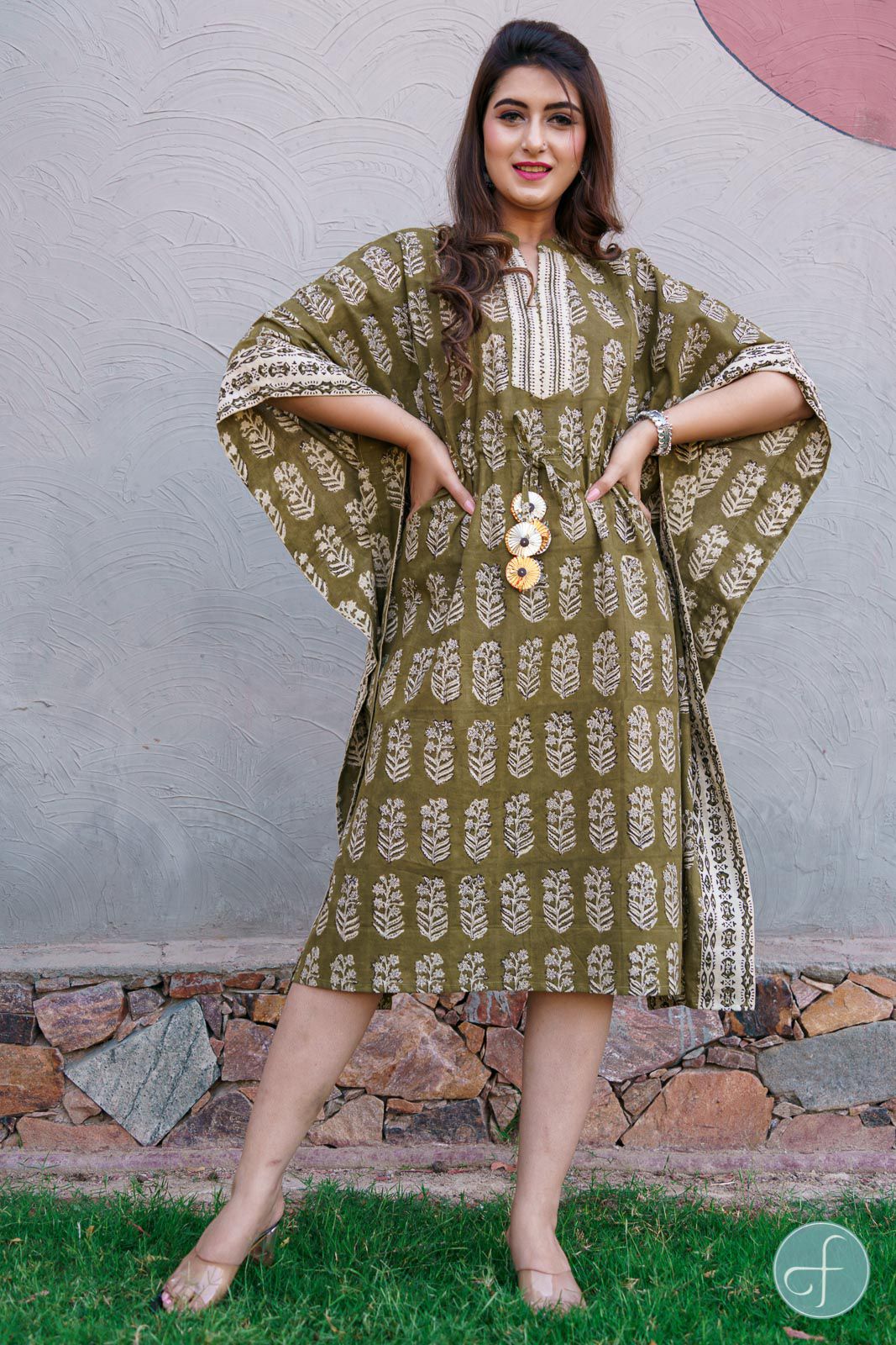 Herbal Green Block Print Kaftan 