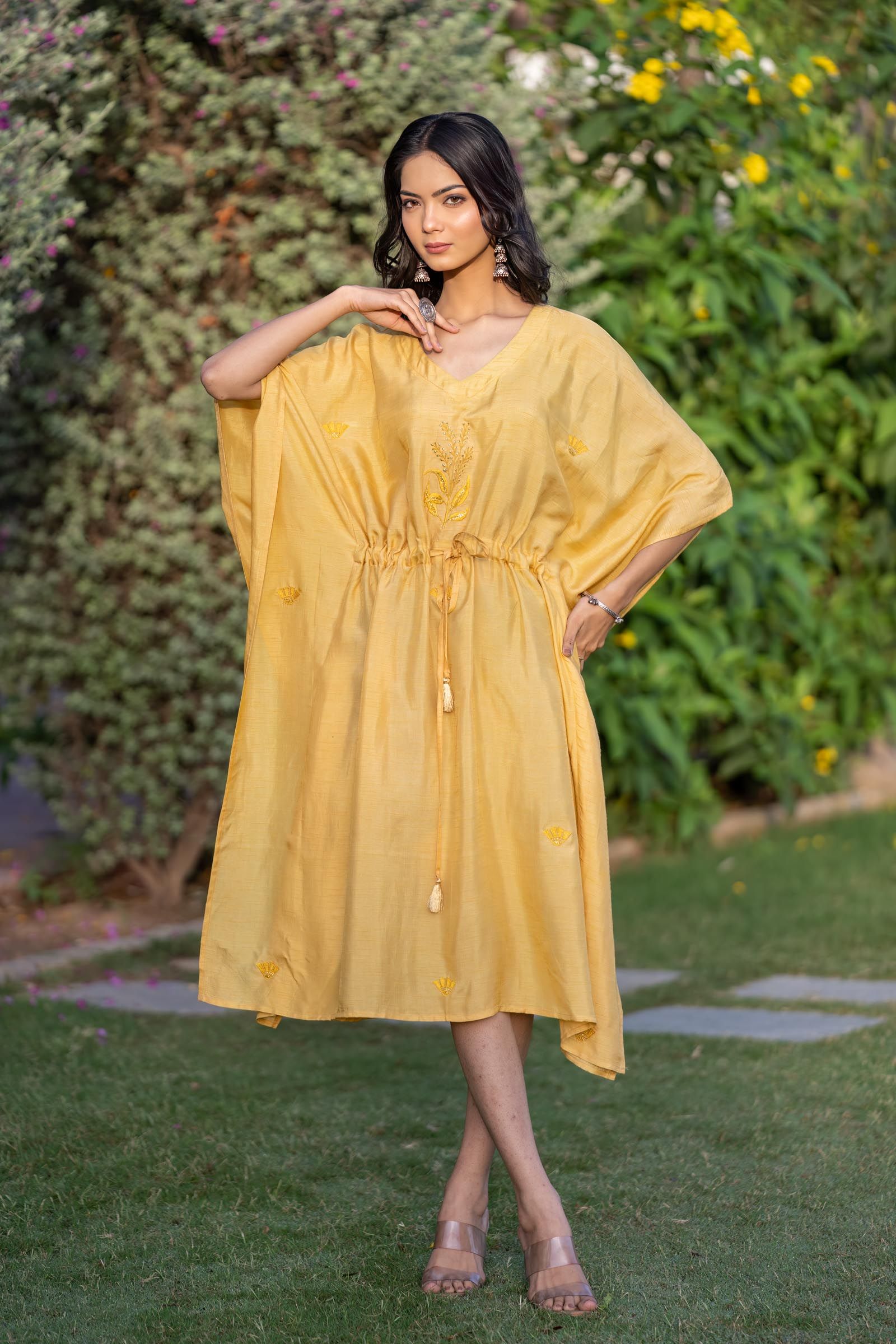 Mango Yellow Embroidered Dola Silk Kaftan