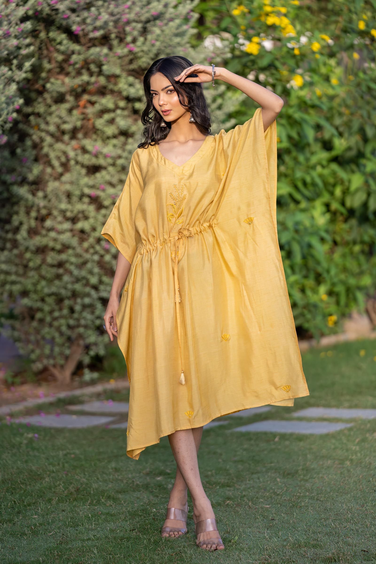 Mango Yellow Embroidered Dola Silk Kaftan