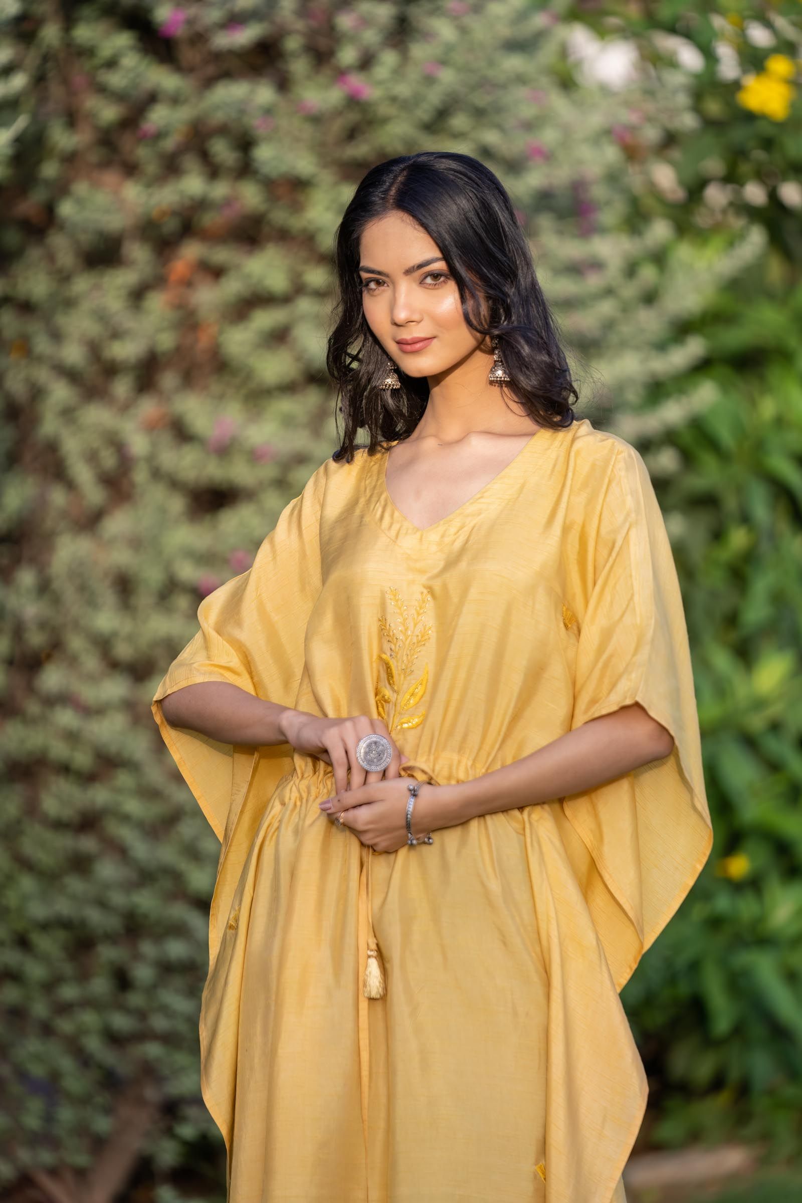 Mango Yellow Embroidered Dola Silk Kaftan