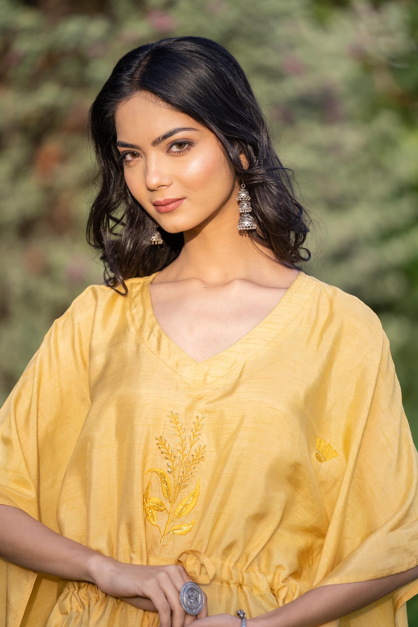 Mango Yellow Embroidered Dola Silk Kaftan