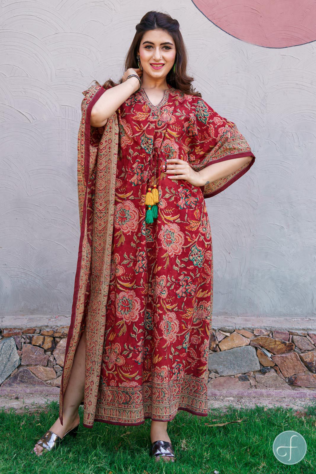 Brick Red Floral Block Print Cotton Kaftan