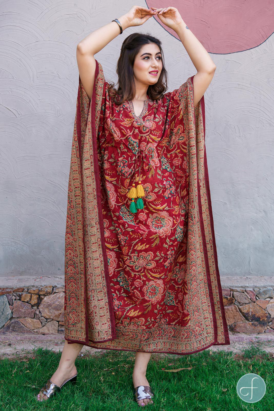 Brick Red Floral Block Print Cotton Kaftan