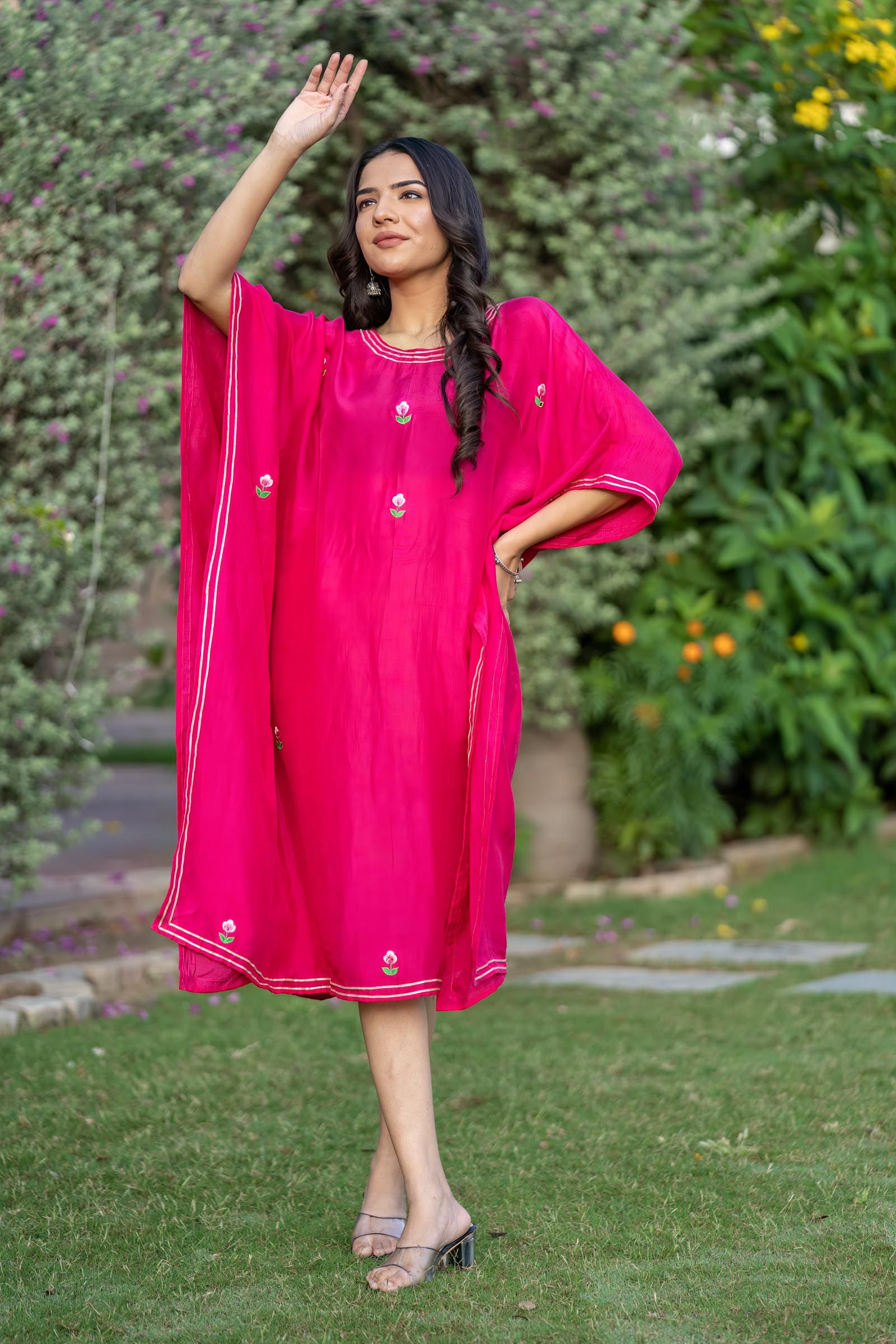 Pink Embroidered Dola Silk Kaftan