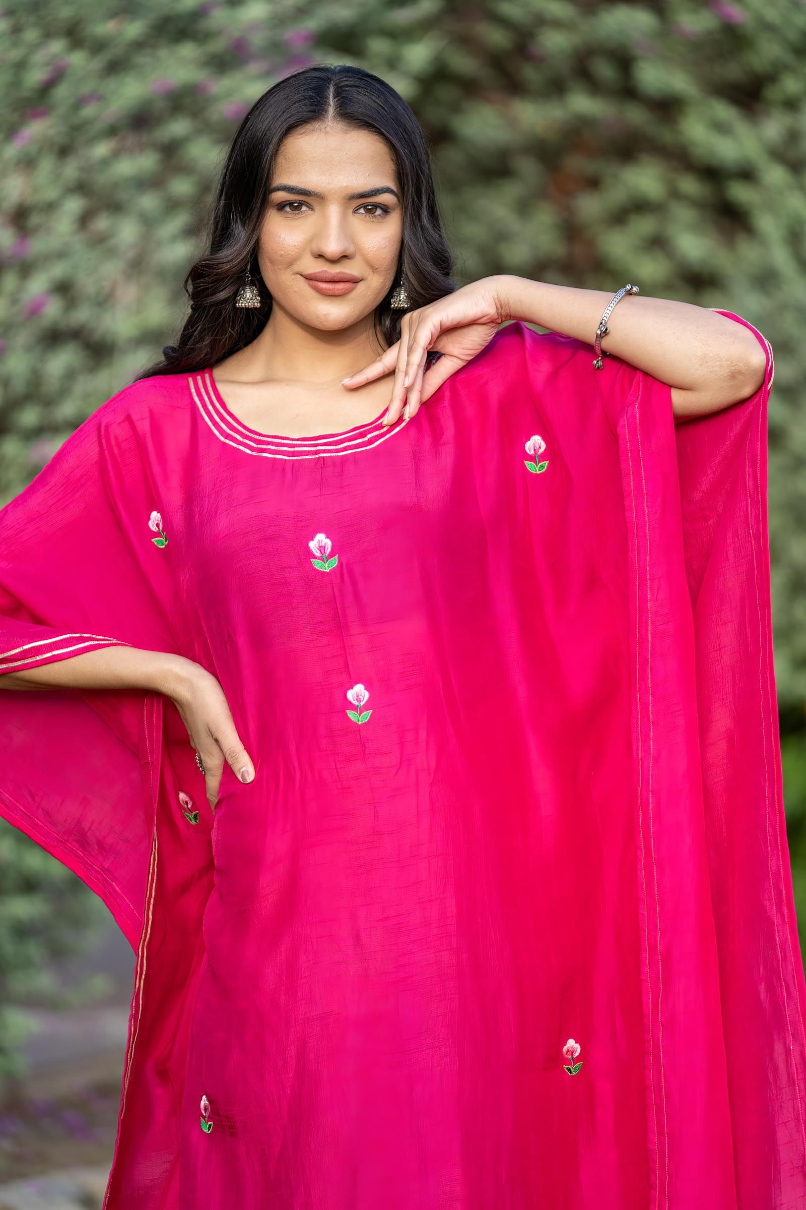 Pink Embroidered Dola Silk Kaftan