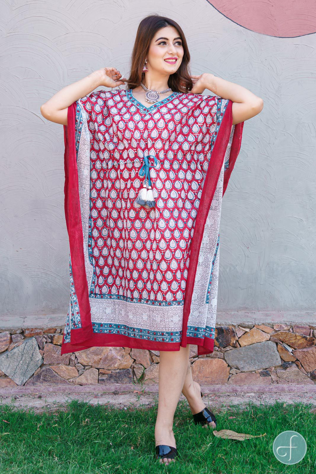 Red Bordered Block Print Kaftan 