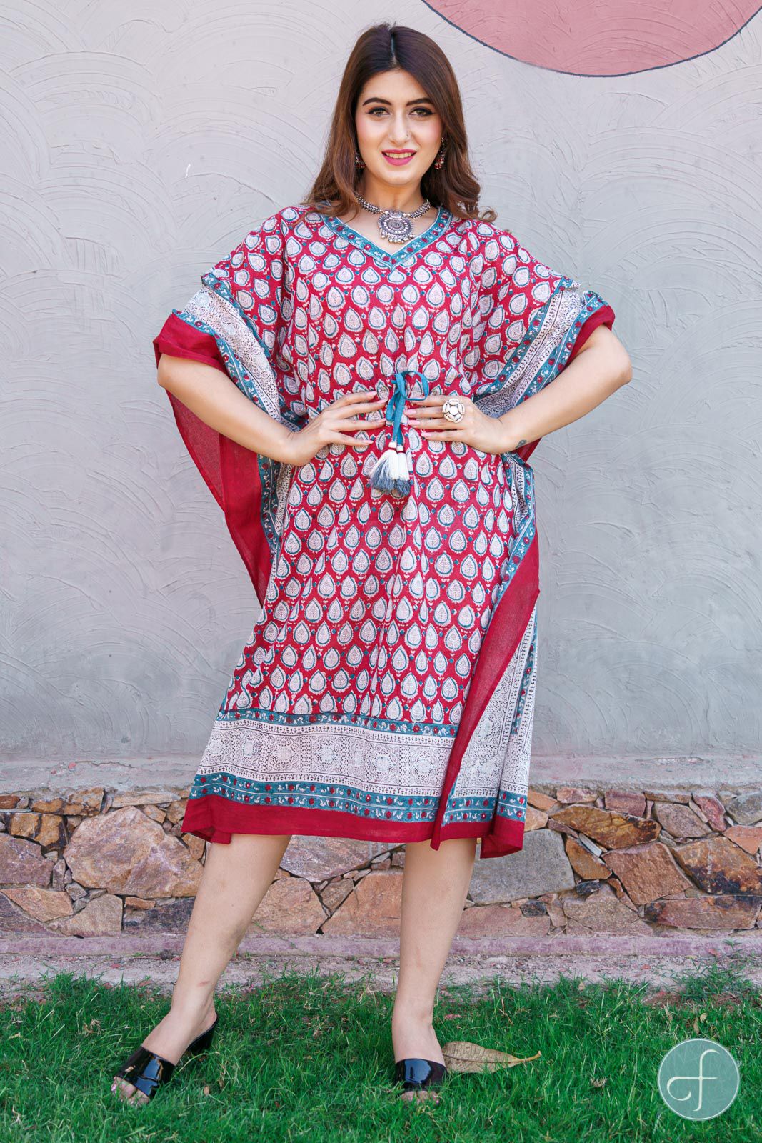 Red Bordered Block Print Kaftan 