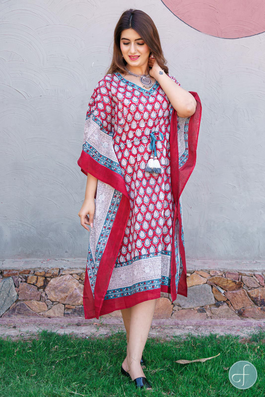 Red Bordered Block Print Kaftan 