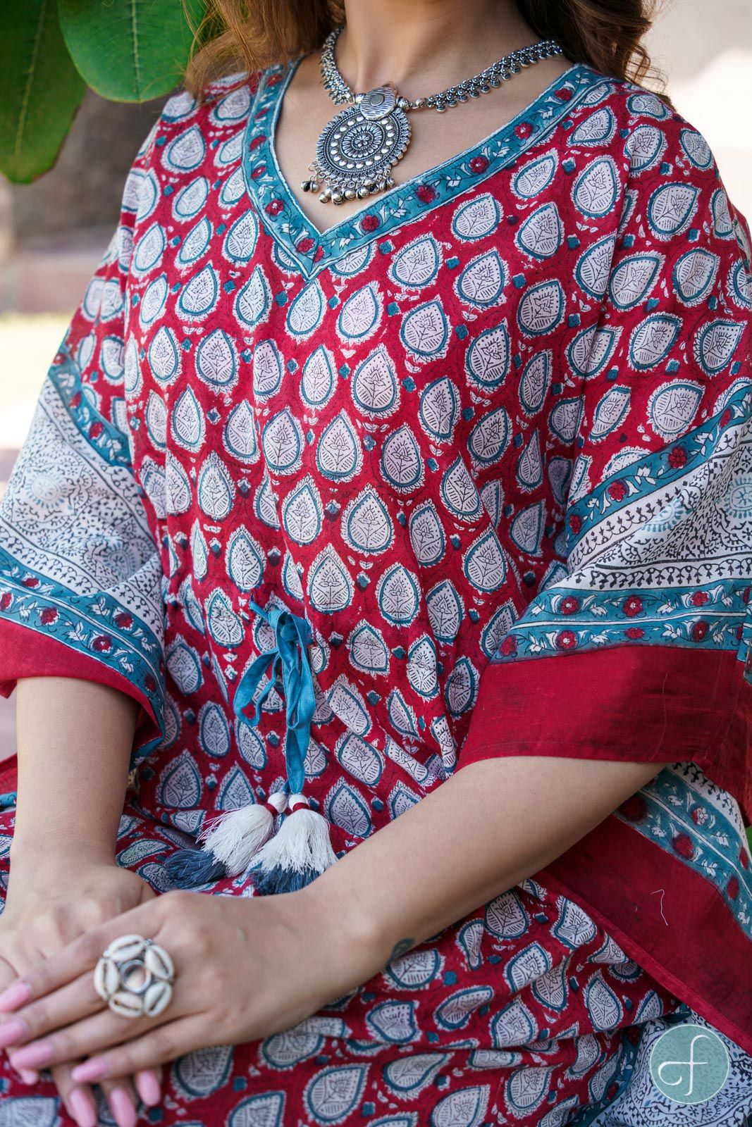 Red Bordered Block Print Kaftan 