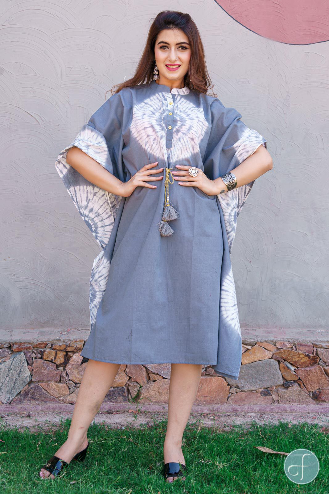 Elegant Grey Shibori Block Print Kaftan