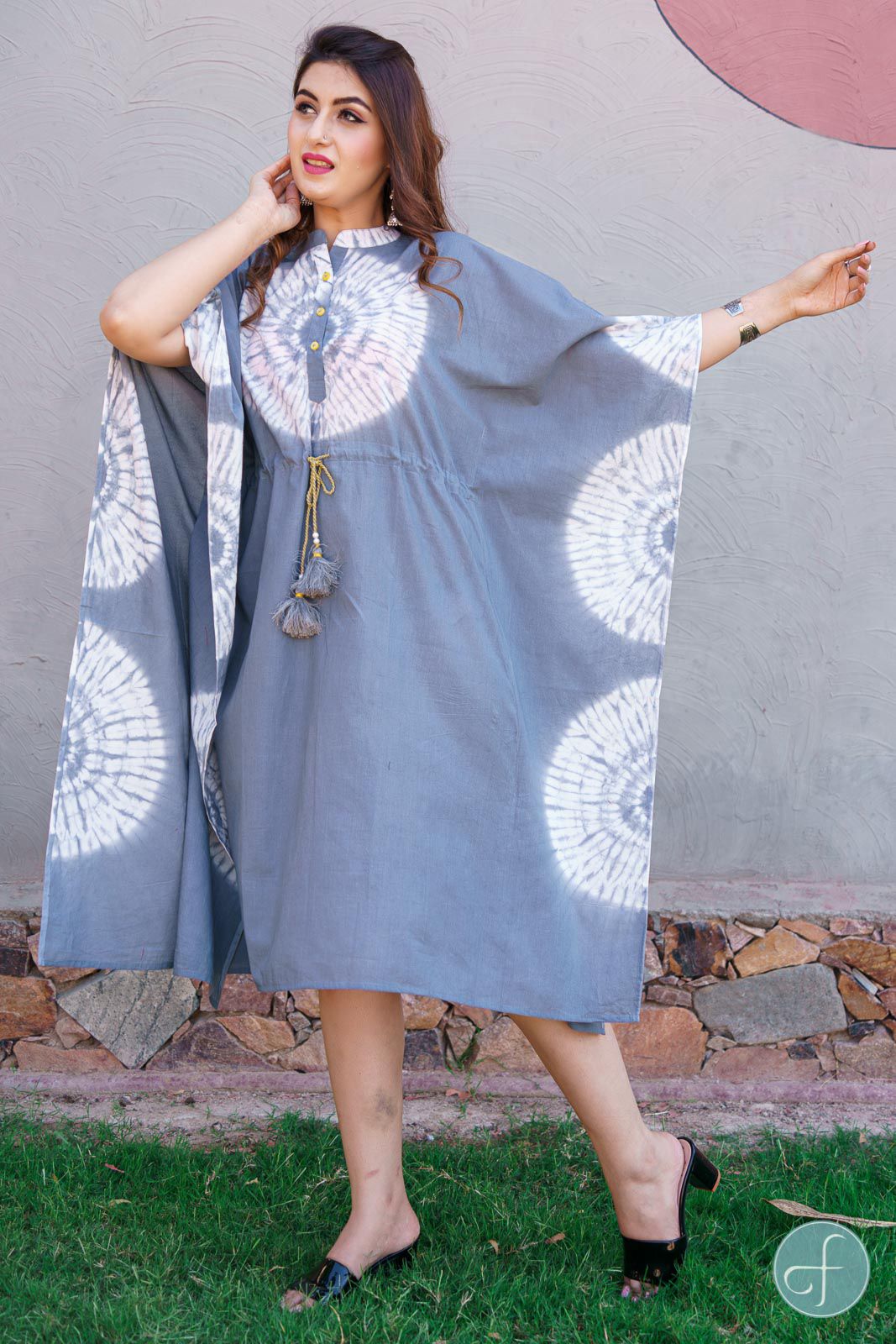 Elegant Grey Shibori Block Print Kaftan