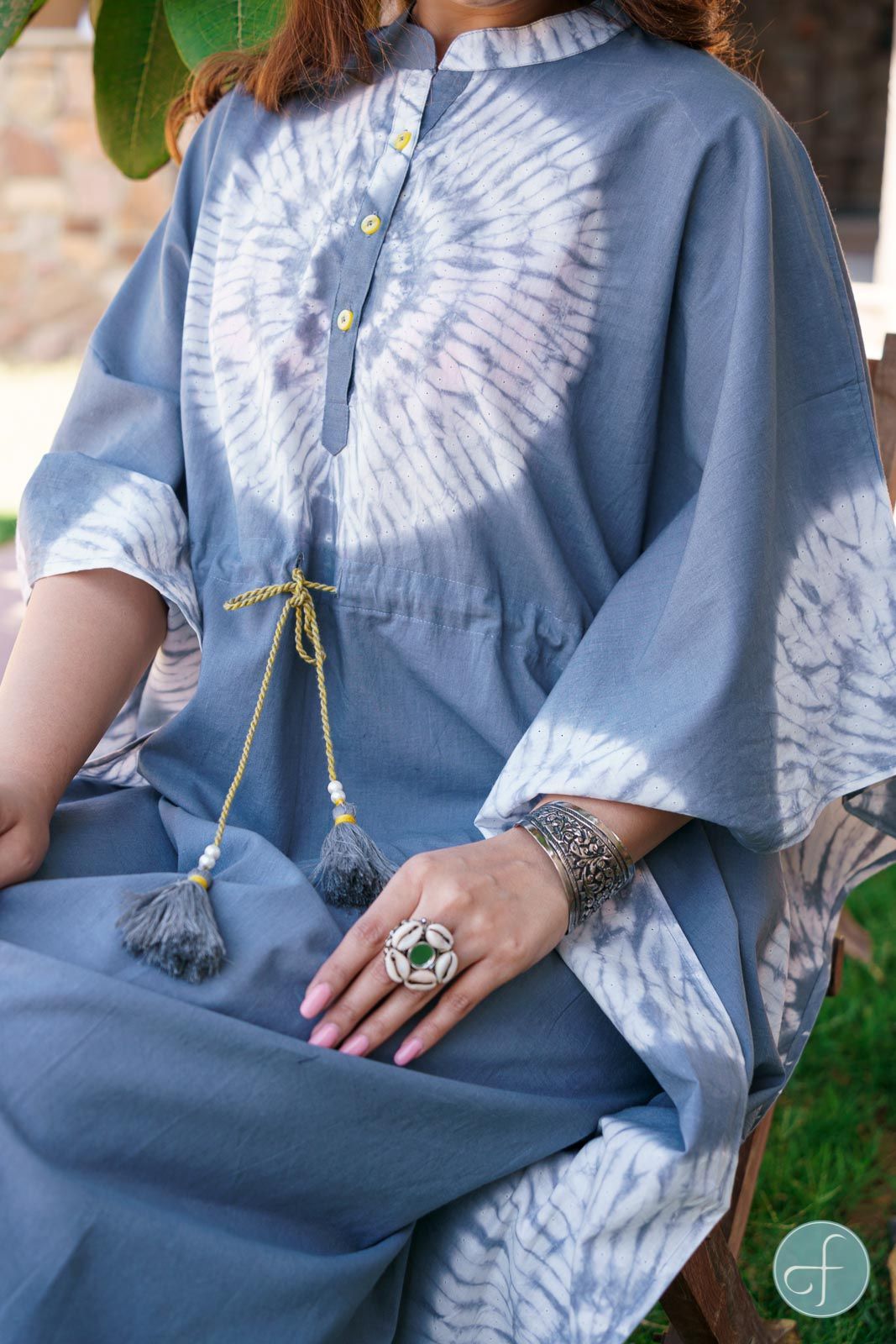 Elegant Grey Shibori Block Print Kaftan