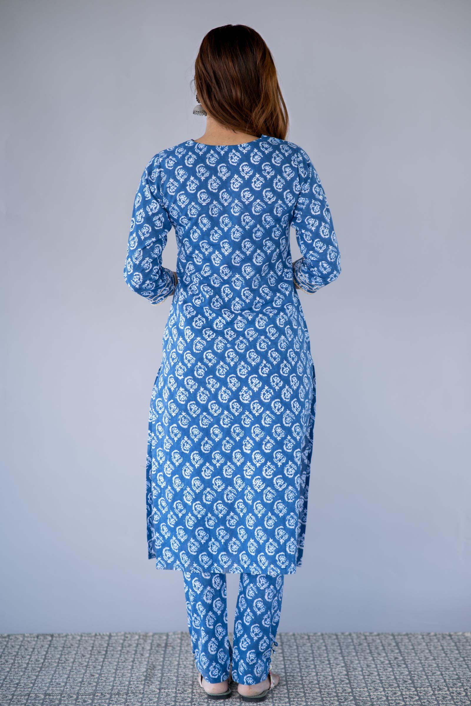 Blue Block Printed Kurta Pant Set