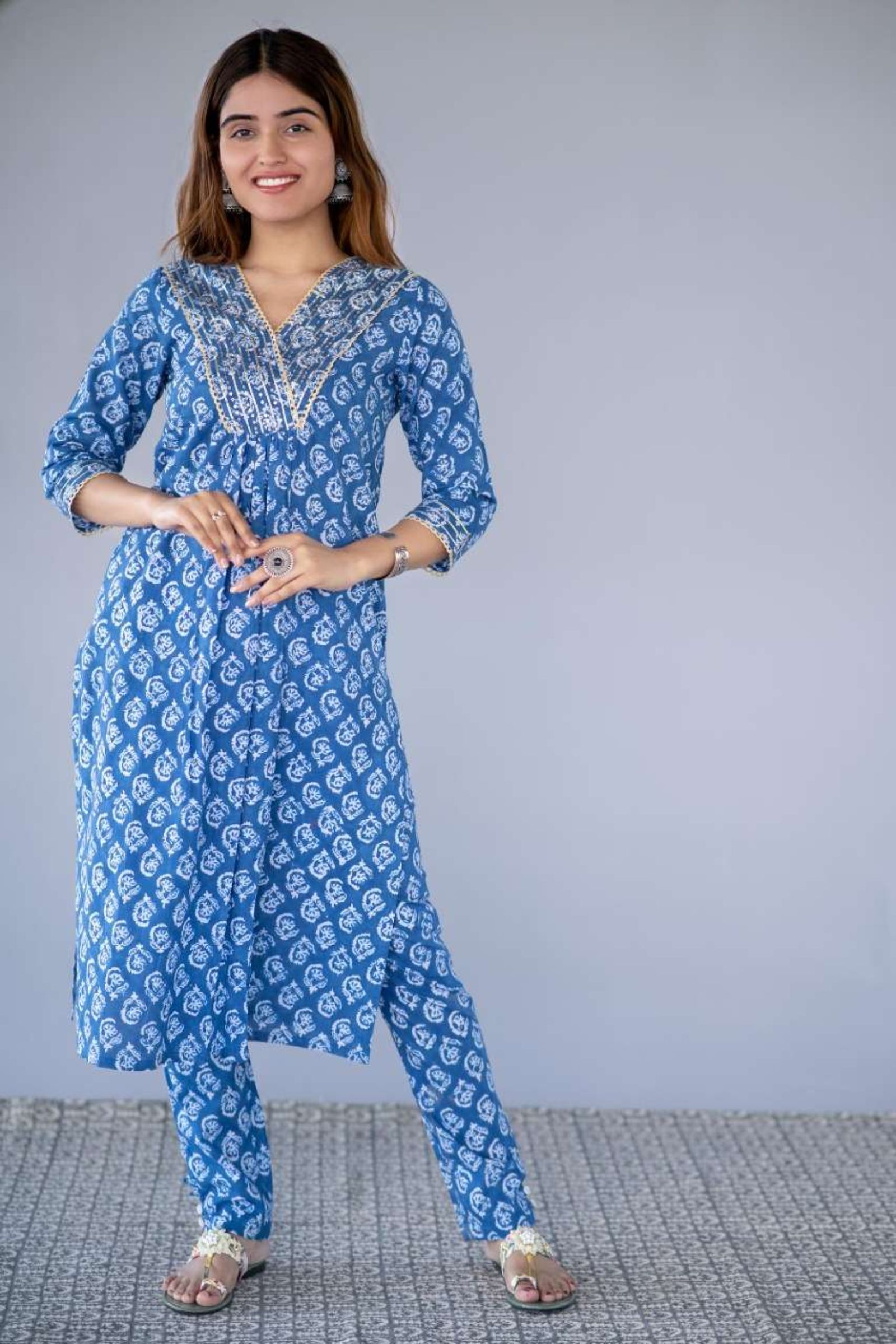 Blue Block Printed Kurta Pant Set