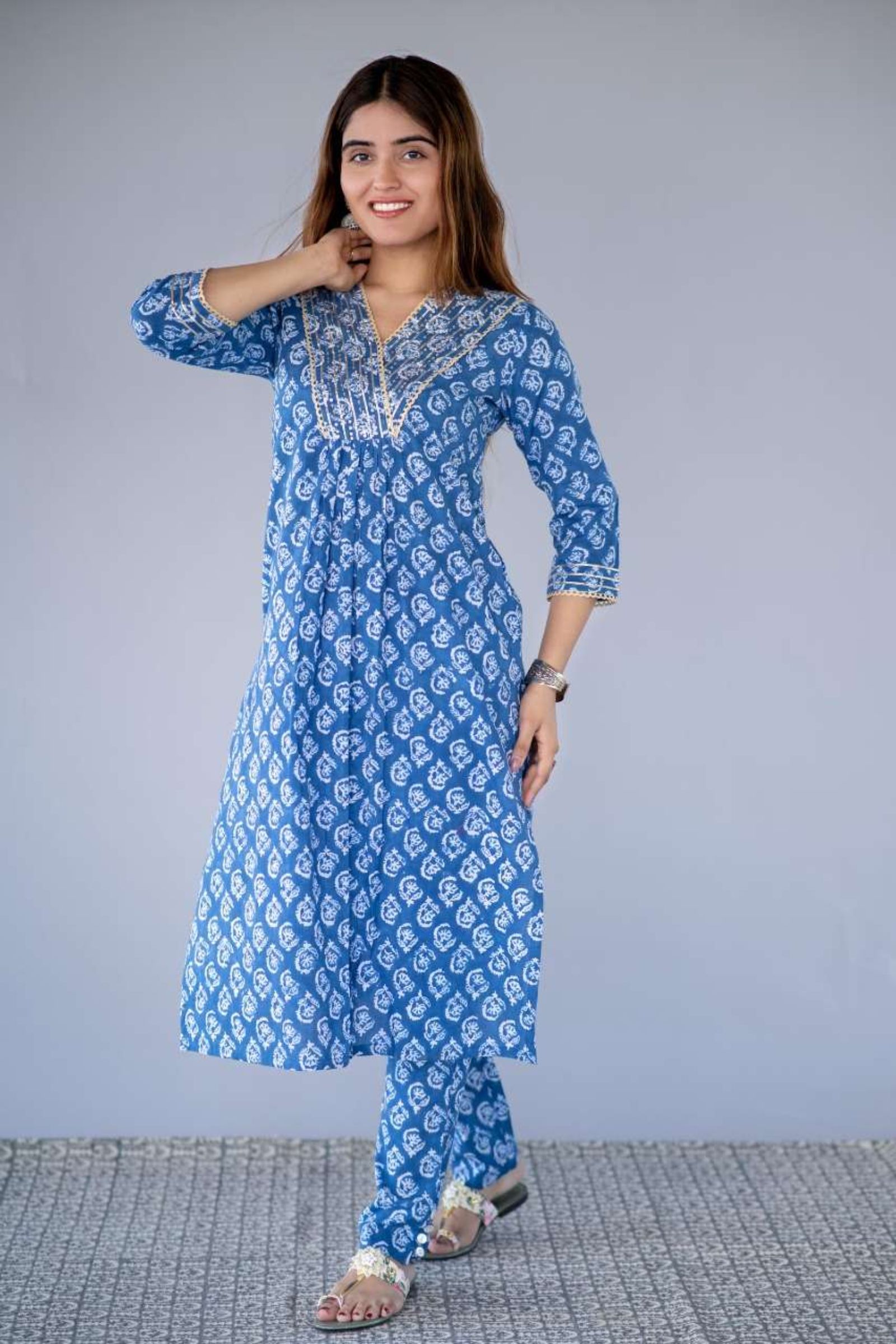 Blue Block Printed Kurta Pant Set