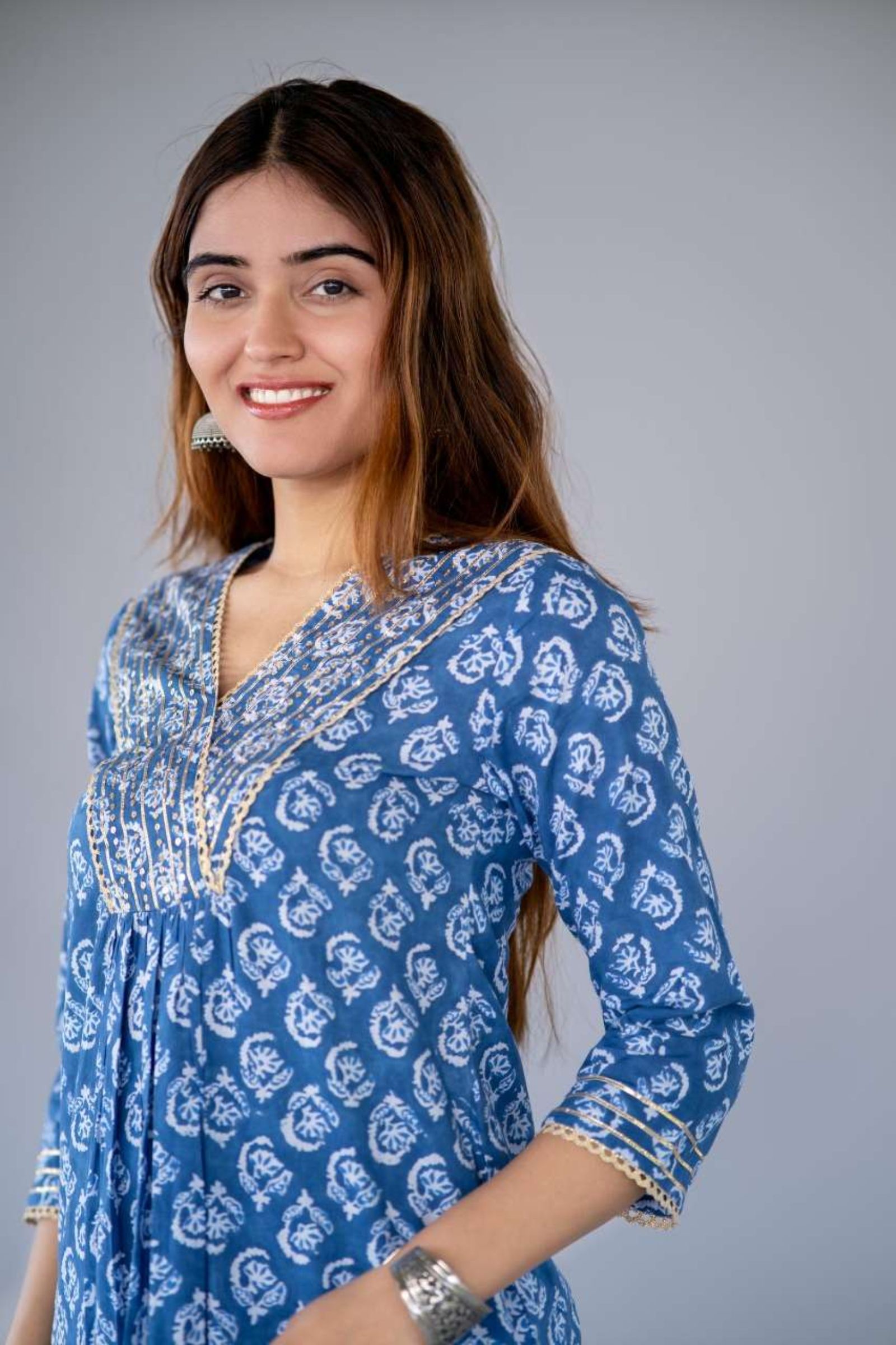 Blue Block Printed Kurta Pant Set