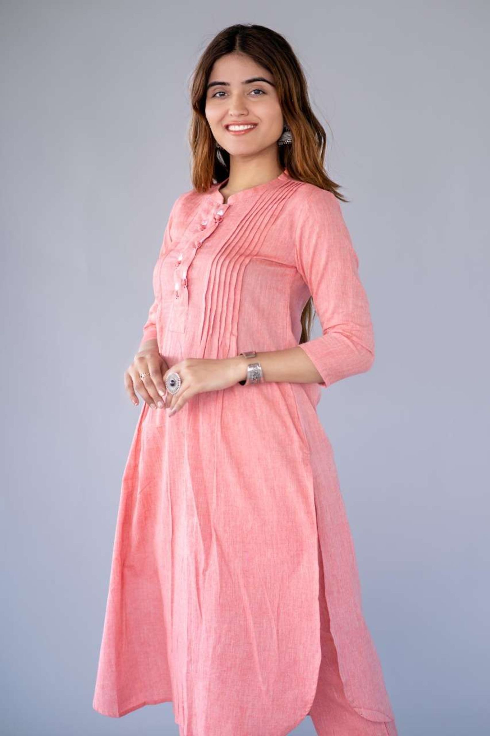 Peach Embroidered Khari Cotton Kurta 