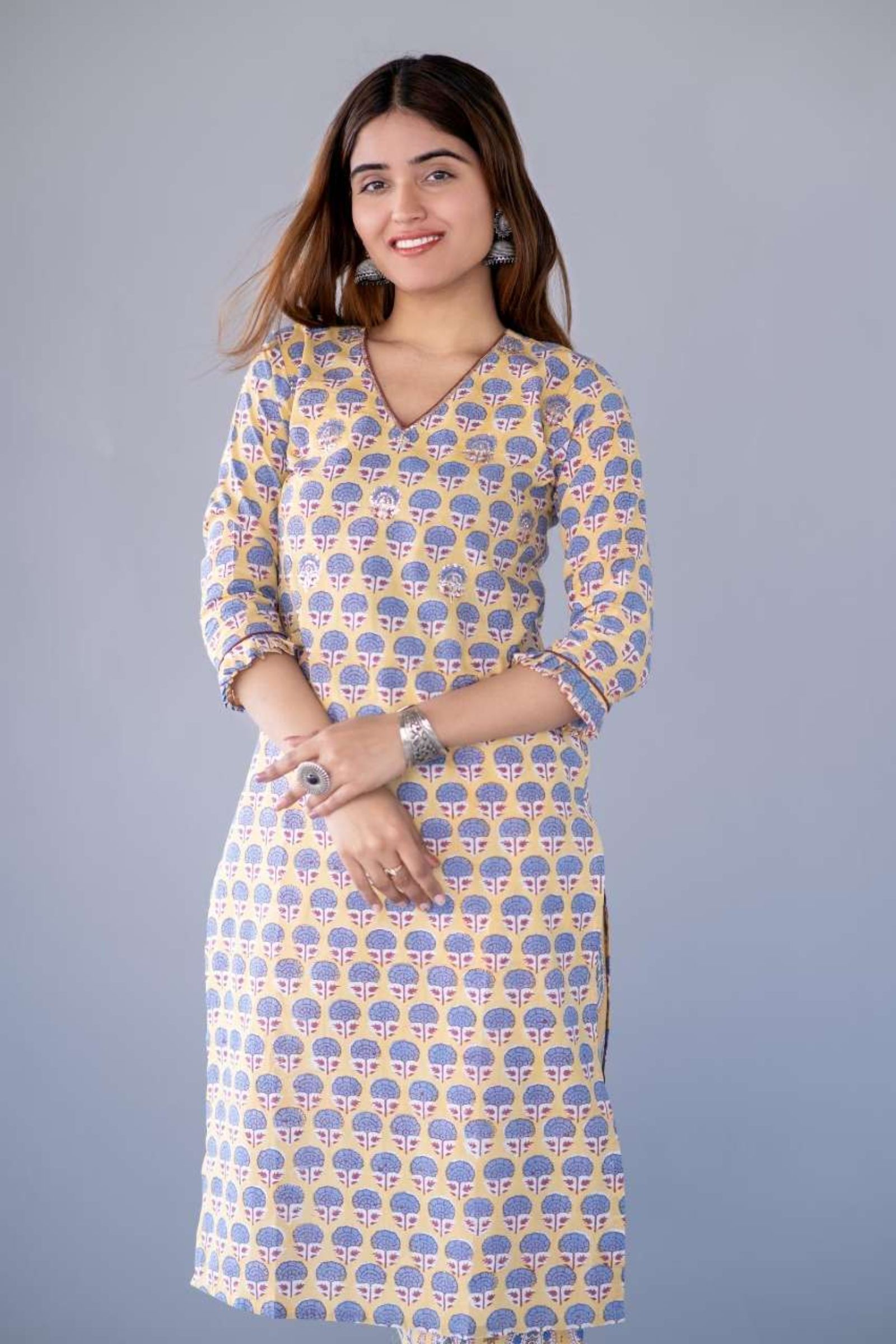 Yellow Block Printed Kurta 