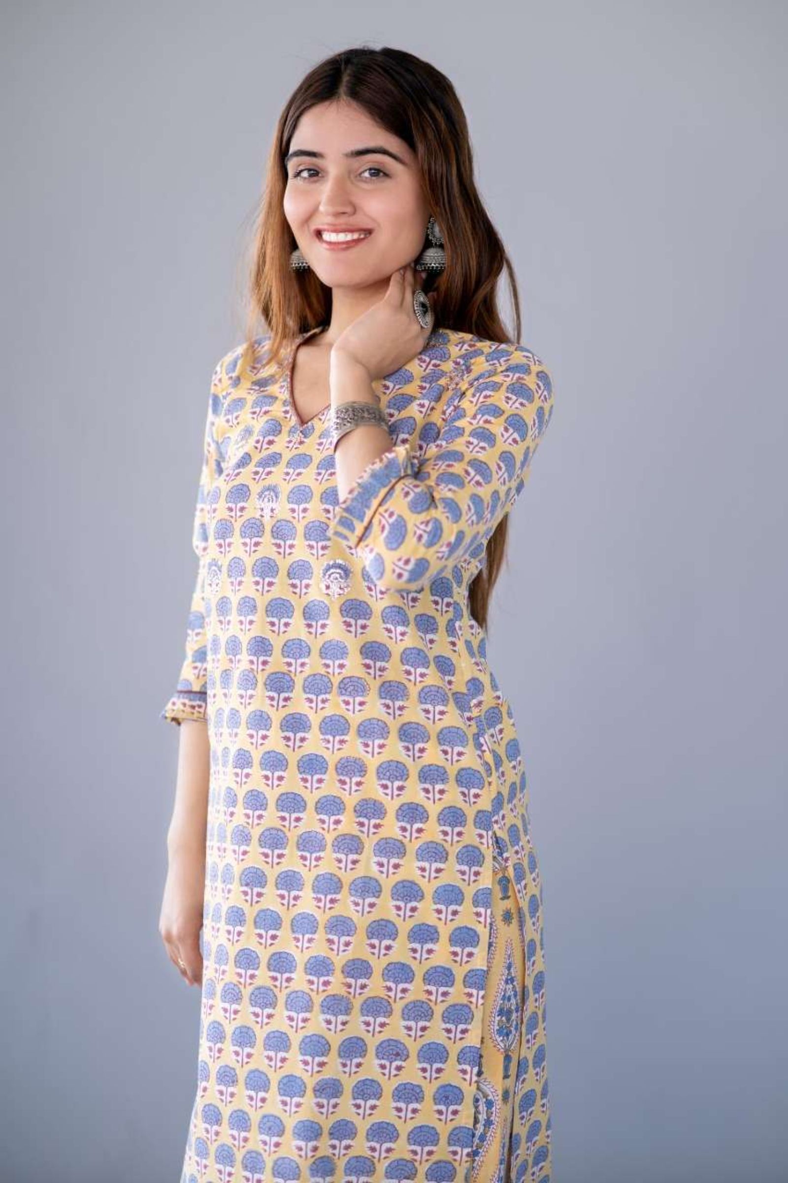 Yellow Block Printed Kurta 