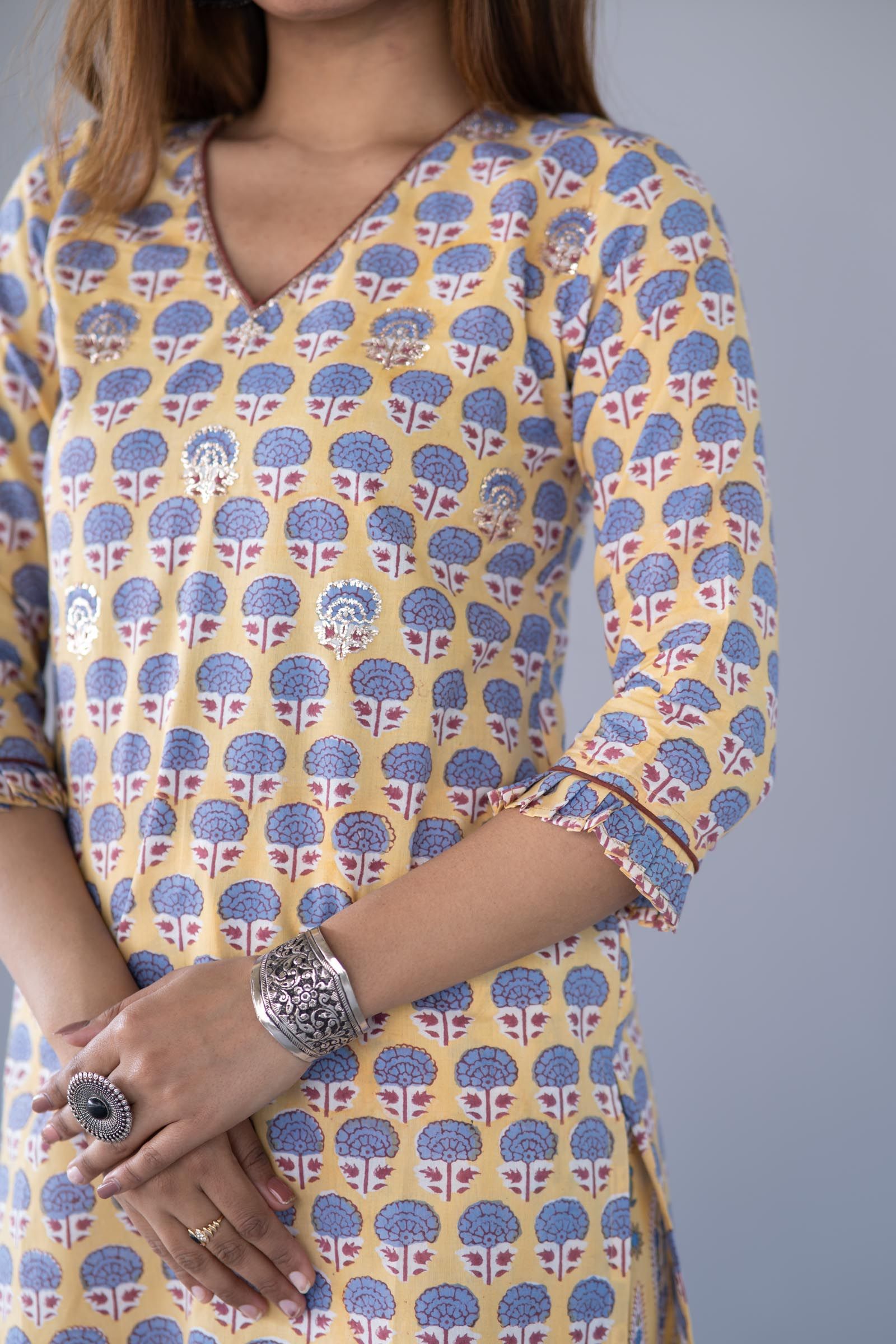 Yellow Block Printed Kurta 