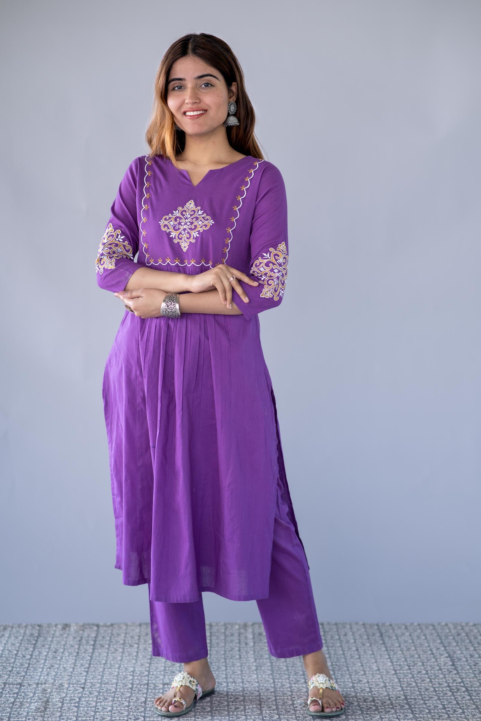 Purple Embroidered Kurta Pant Set