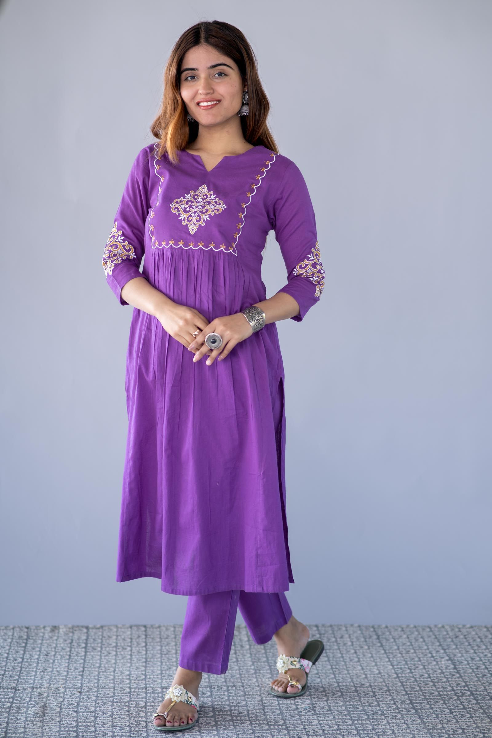 Purple Embroidered Kurta Pant Set