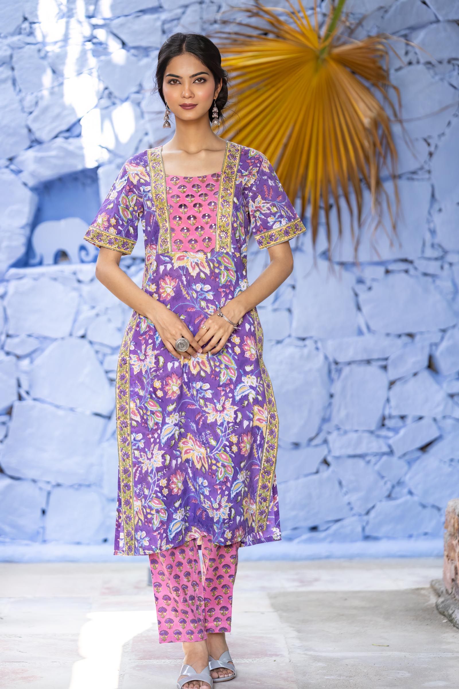 Violet Floral High Slit Kurta