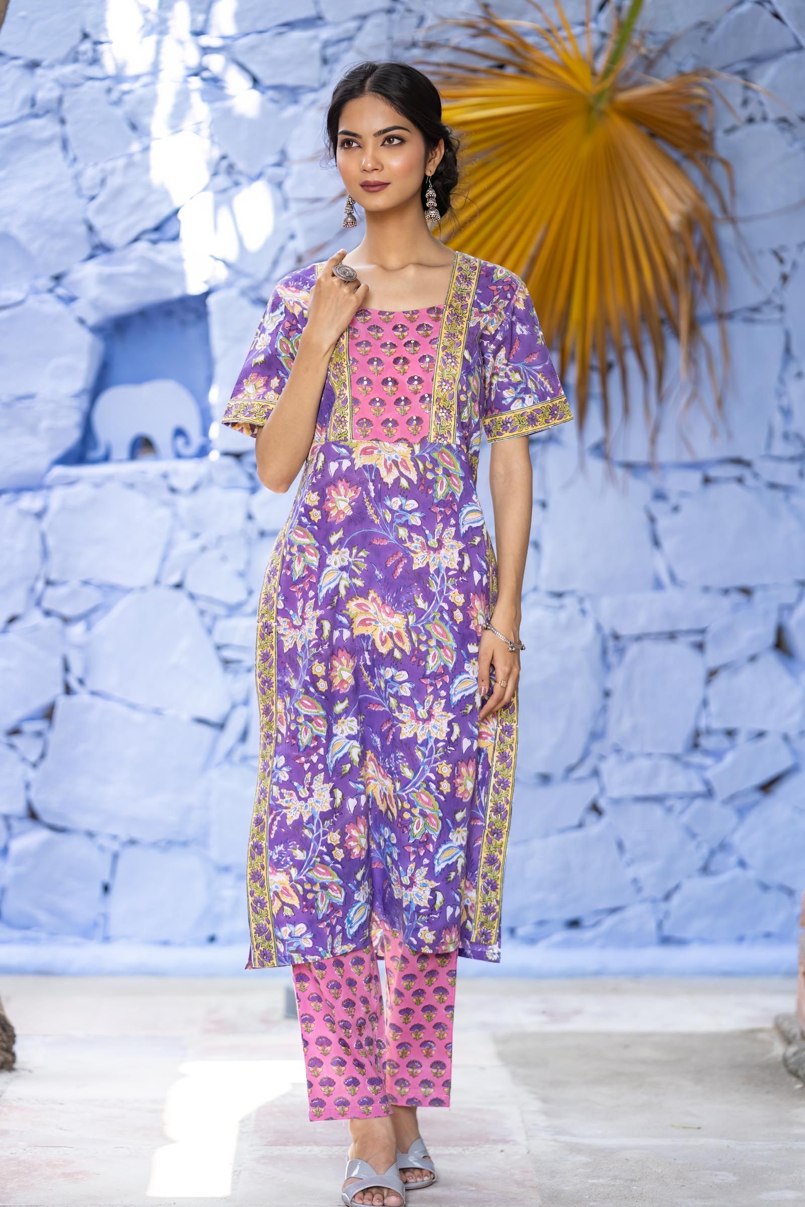 Violet Floral High Slit Kurta