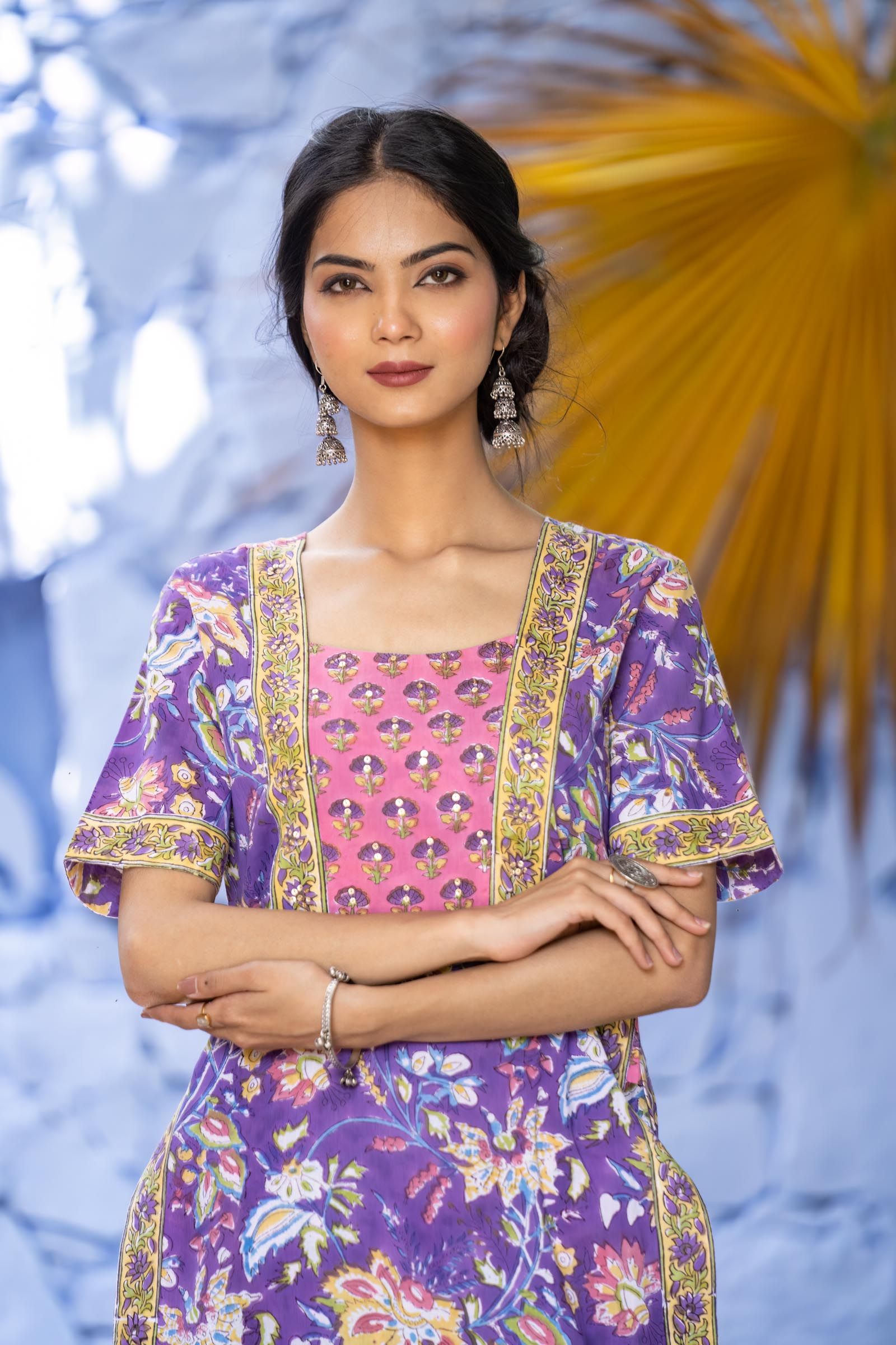 Violet Floral High Slit Kurta