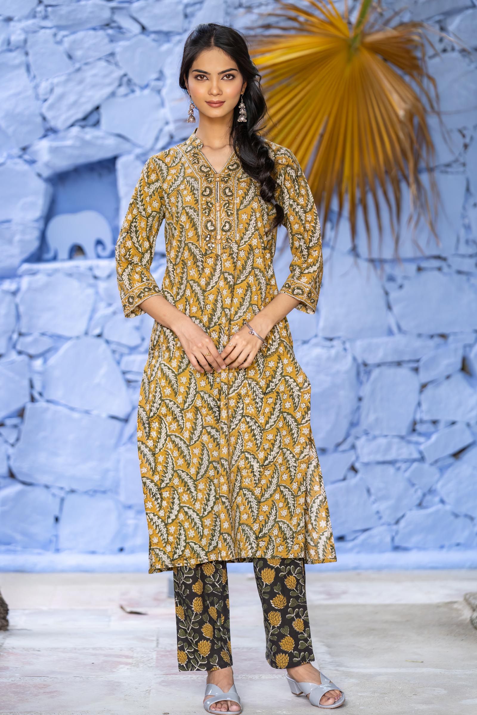 Bagru Mustard Cotton Kurta