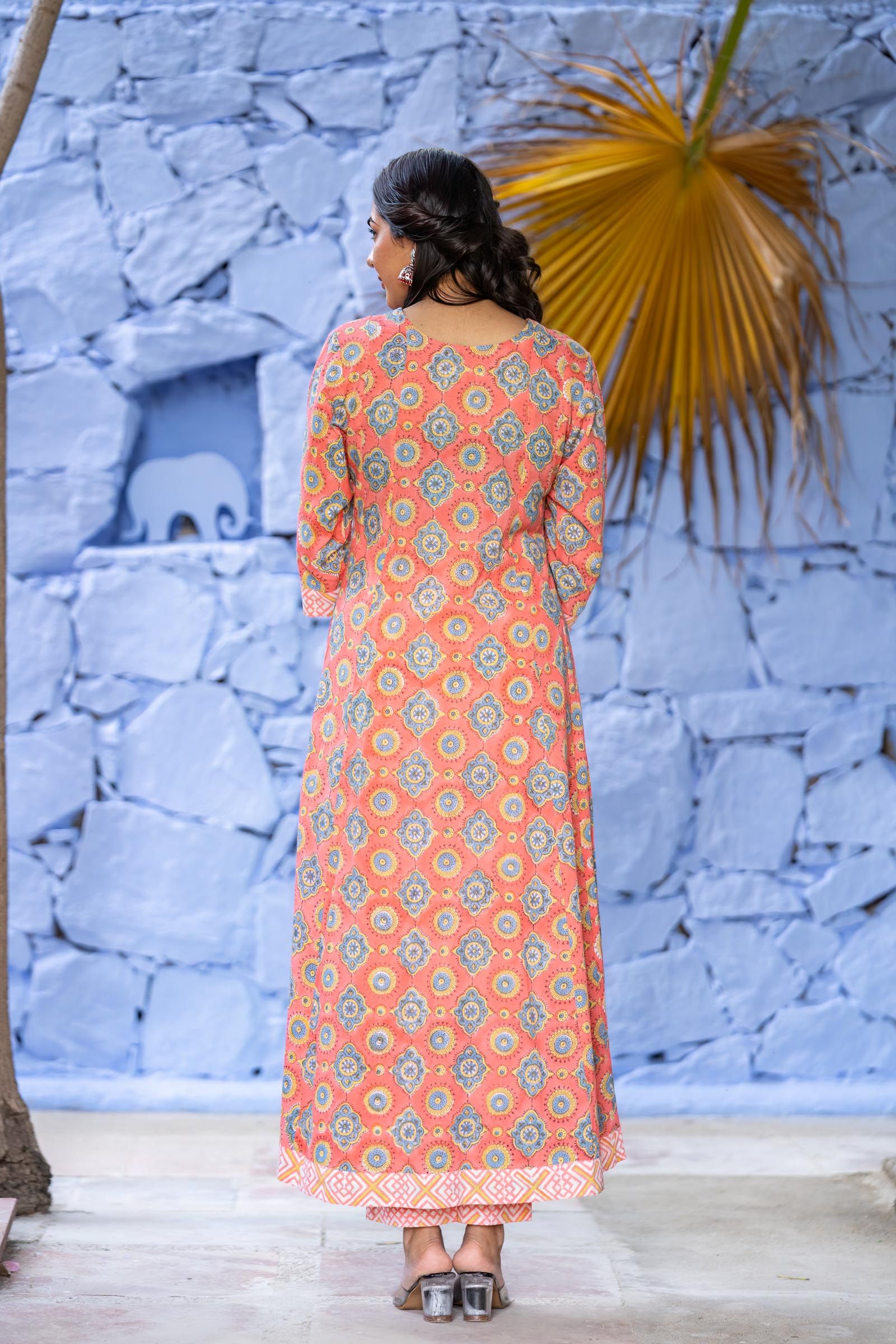 Peach Cotton Long Kurta