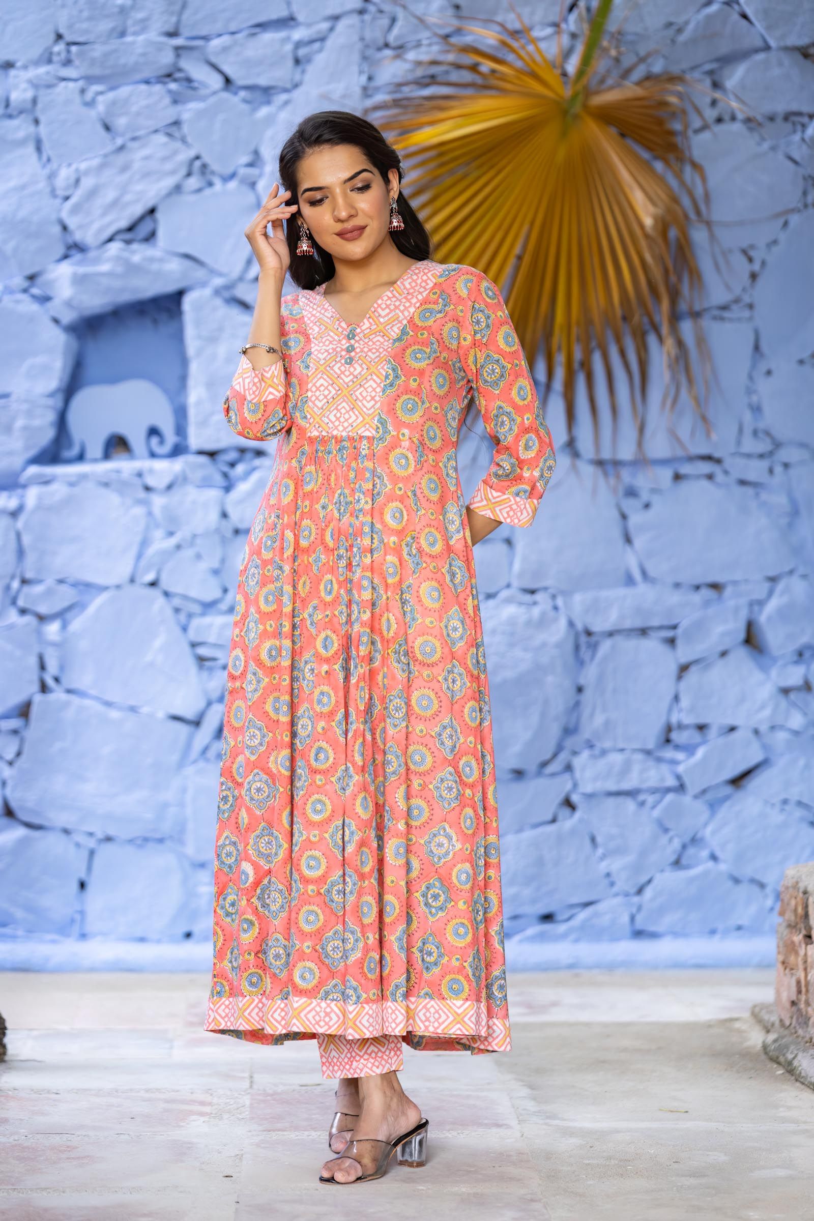 Peach Cotton Long Kurta