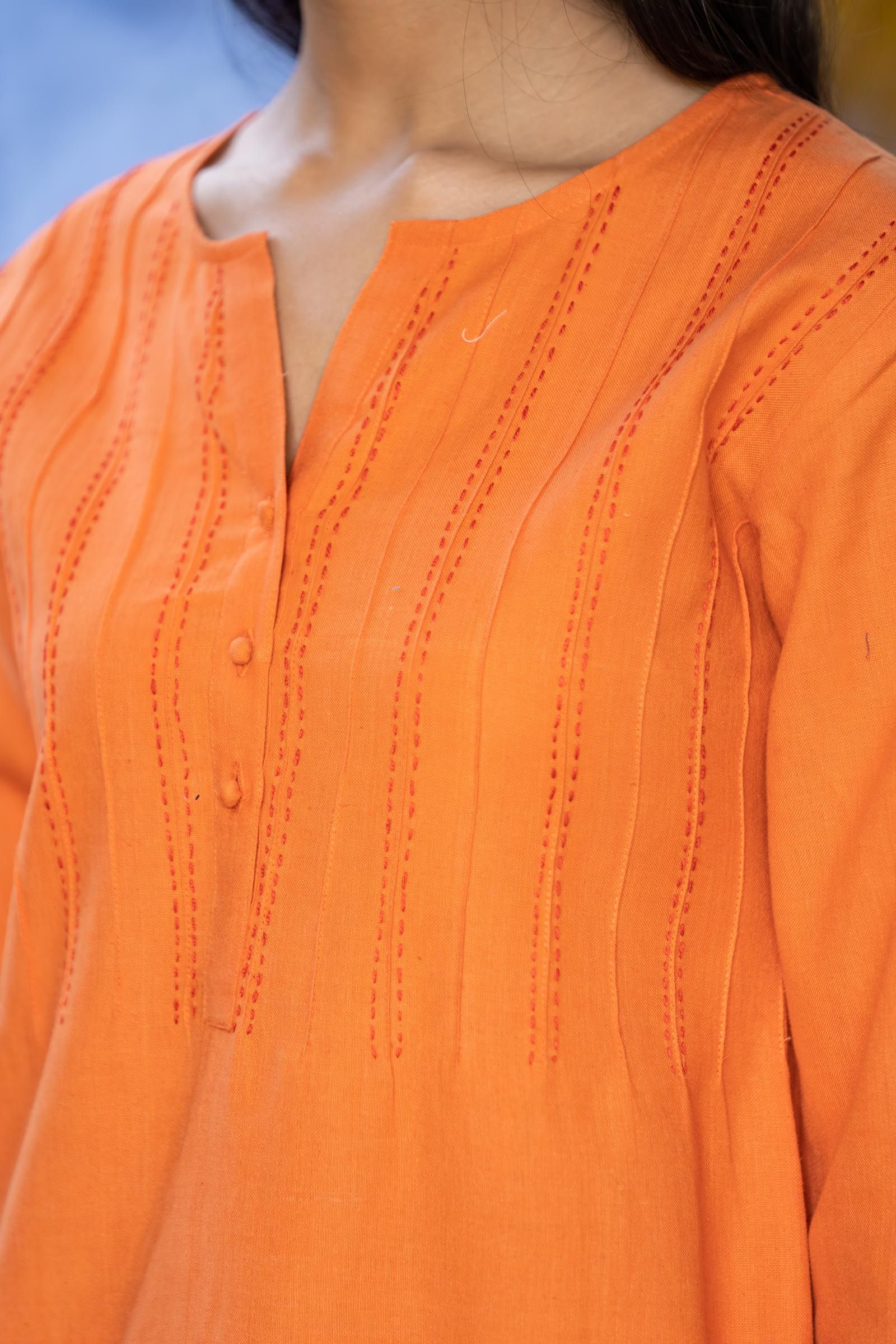 Orange Khari Cotton Kantha Kurta