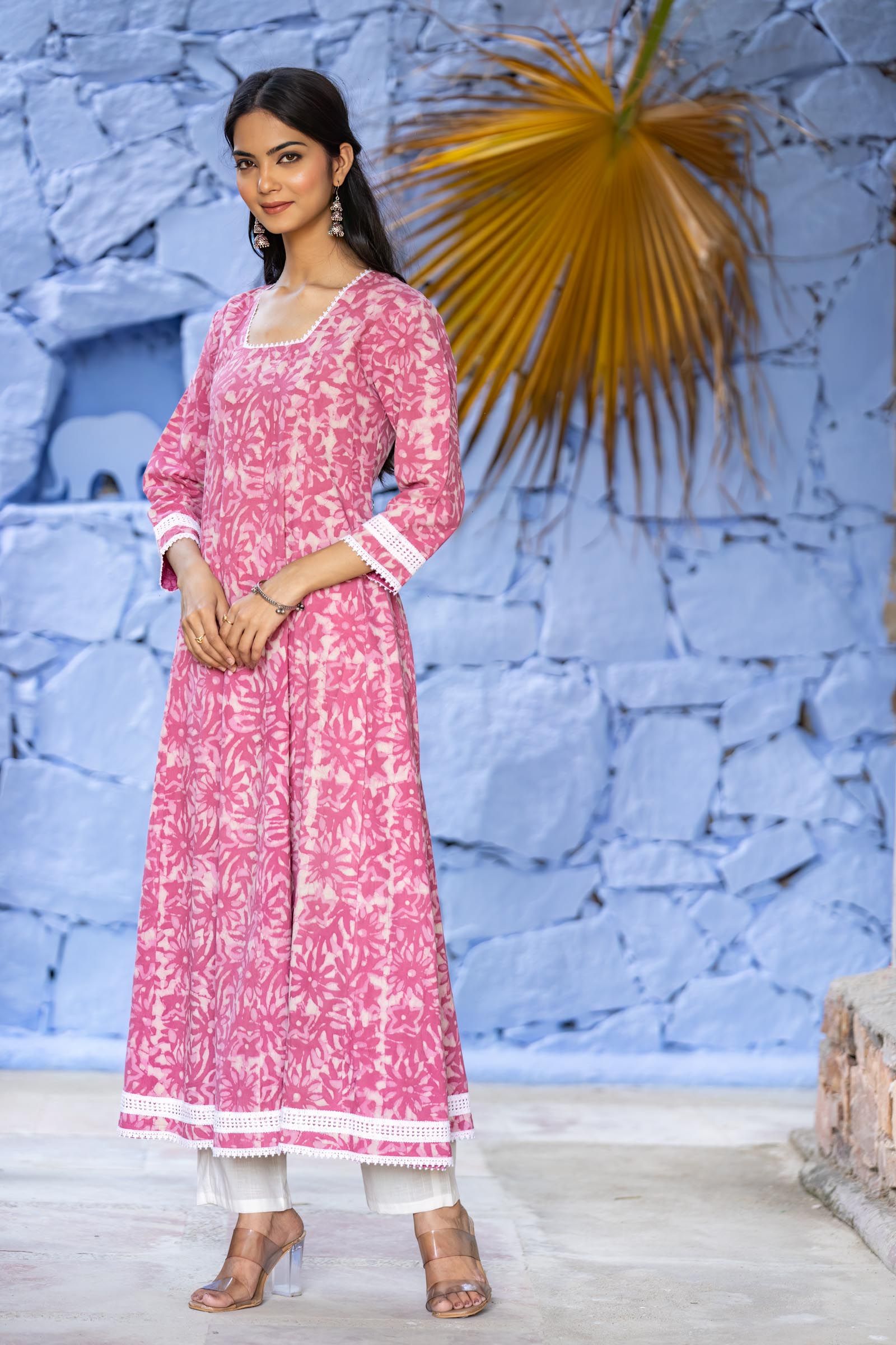 Pink Bagru Floral Kurta