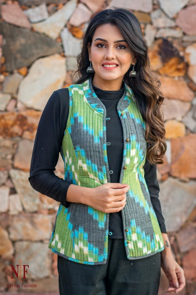 Blue Green Ikat Reversible Cotton Quilted Sleeveless Jacket