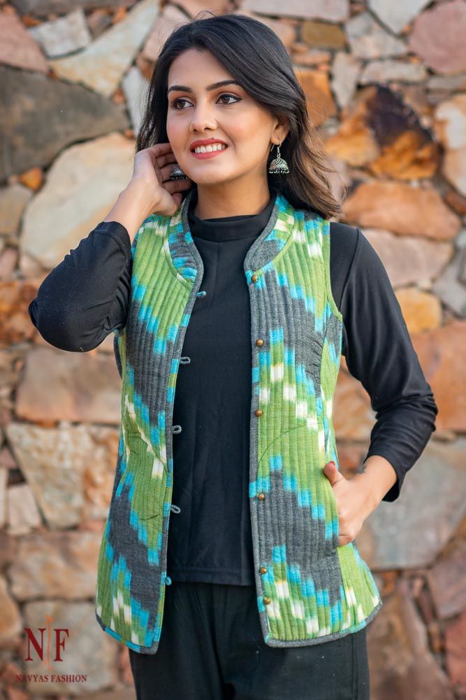 Blue Green Ikat Reversible Cotton Quilted Sleeveless Jacket