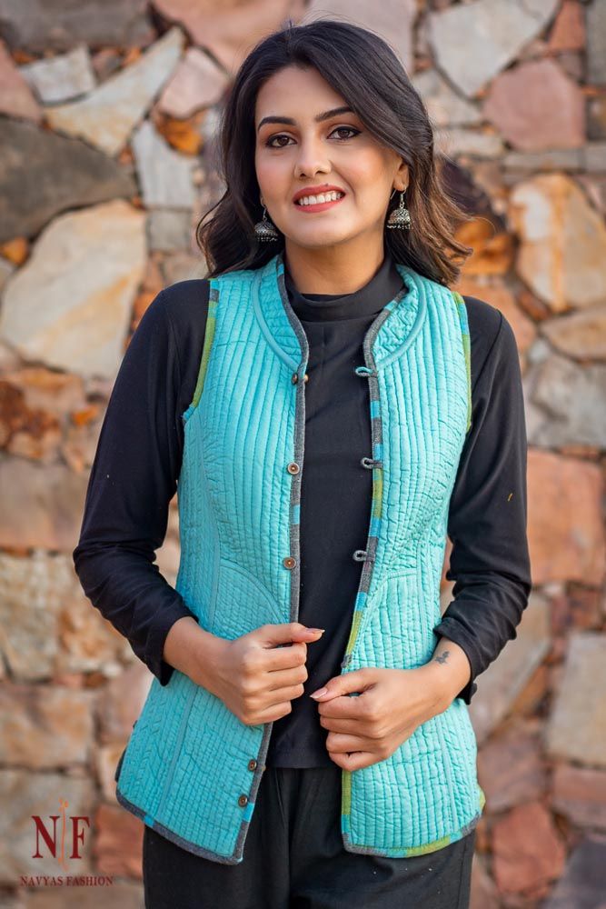 Blue Green Ikat Reversible Cotton Quilted Sleeveless Jacket