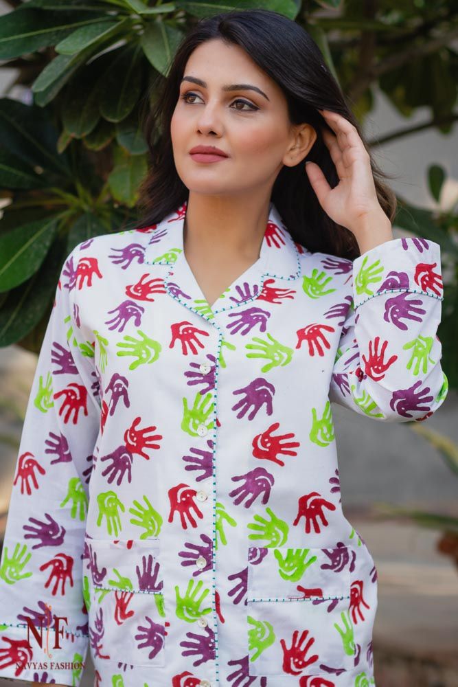 Multicolor Hand Block Print Cotton Night Suit