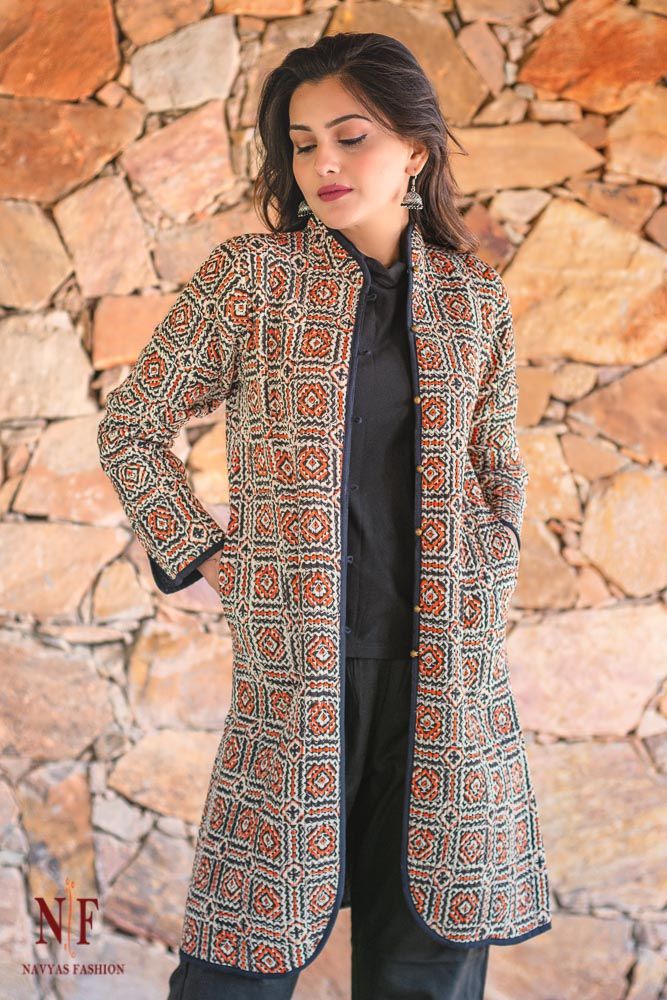 Black Orange Block Printed Reversible Cotton Quilted Coat