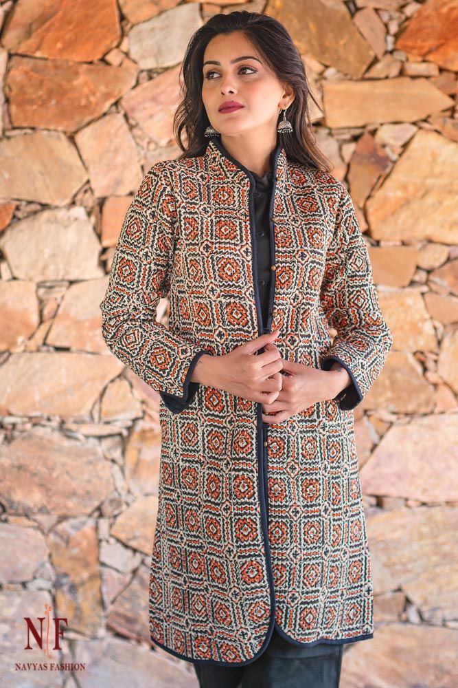 Black Orange Block Printed Reversible Cotton Quilted Coat