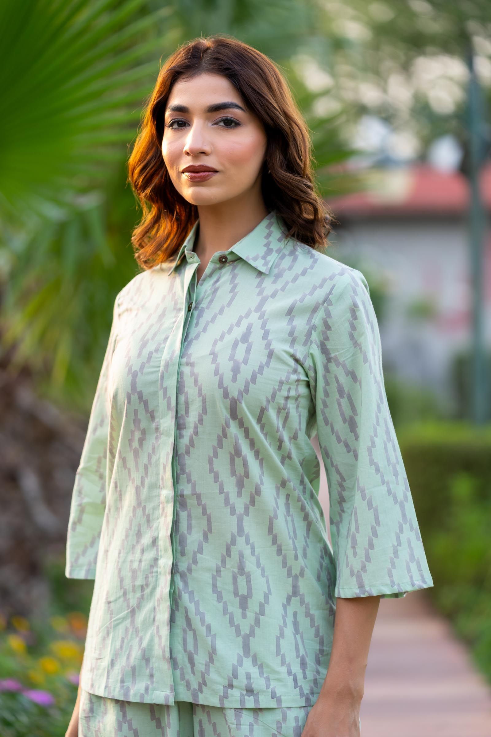 Green Printed Shirt Top