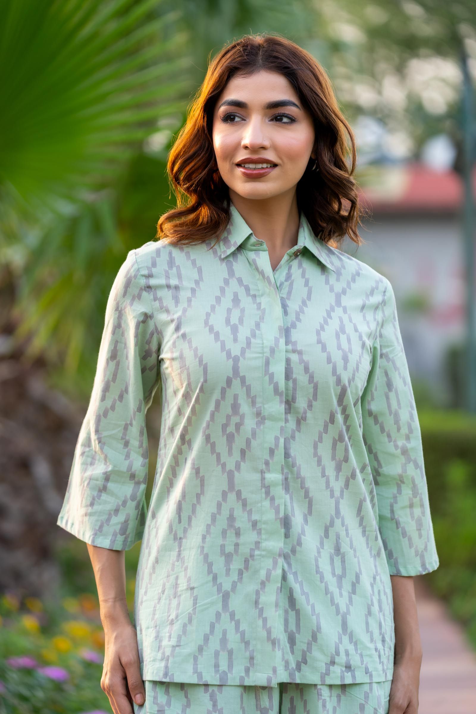 Green Printed Shirt Top